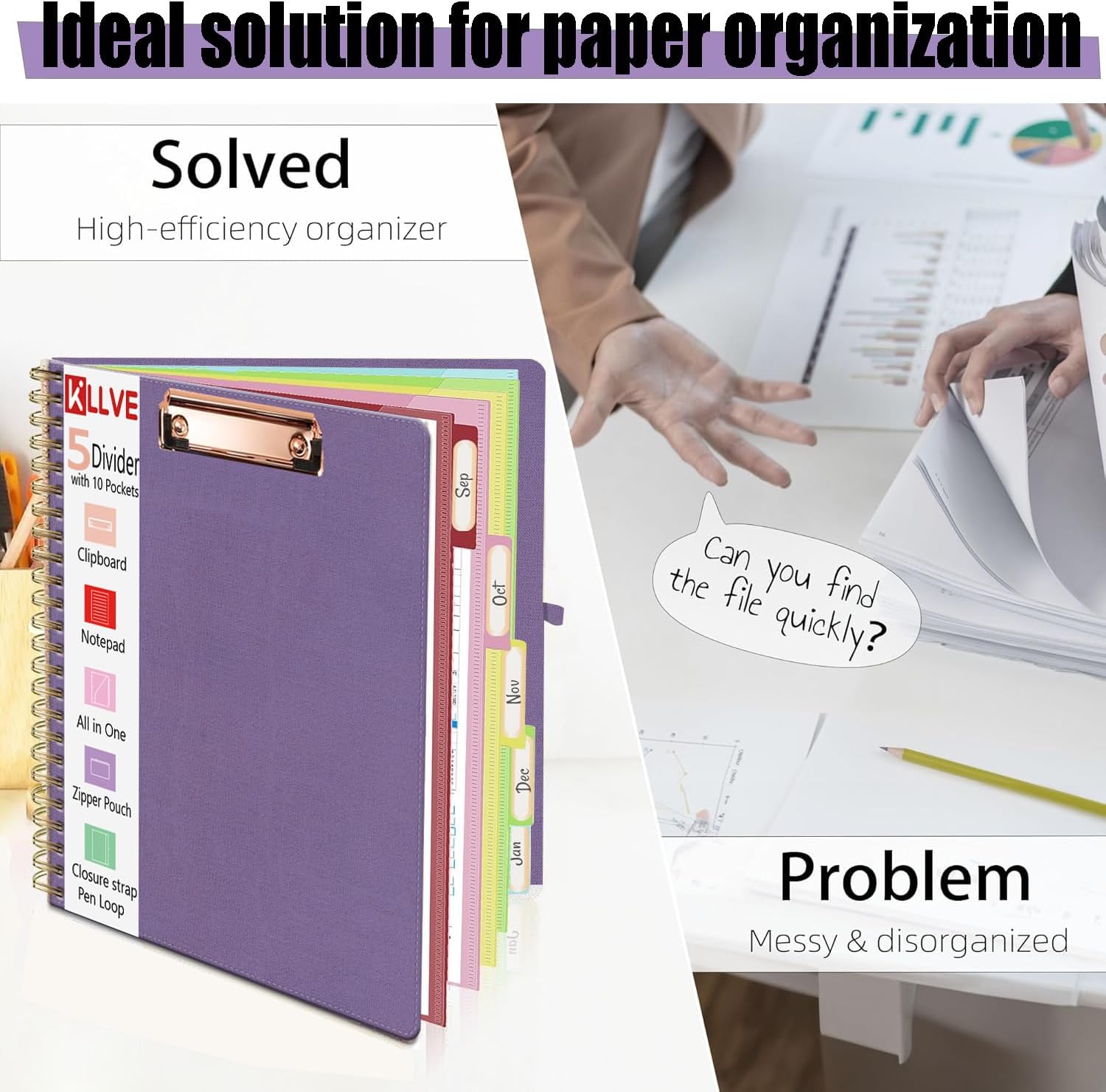 Purple Foldable Spiral Clipboard Folio with Storage Zipper Pouch, 5 Plastic Folders with Pockets,Refillable Lined Notepad (8.5" x 11"), Hardcover Project Organizer with 36 Stickers