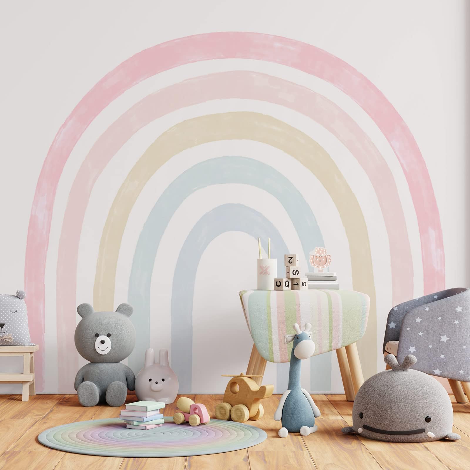Henoyso 6 Pack 95'' x 83'' Extra Large Rainbow Wall Decals Watercolor Playroom Wall Decals Boho Peel and Stick Vinyl Rainbow Wallpaper Decor for Girls Toddler Bedroom Nursery Living Room(Light Colors)