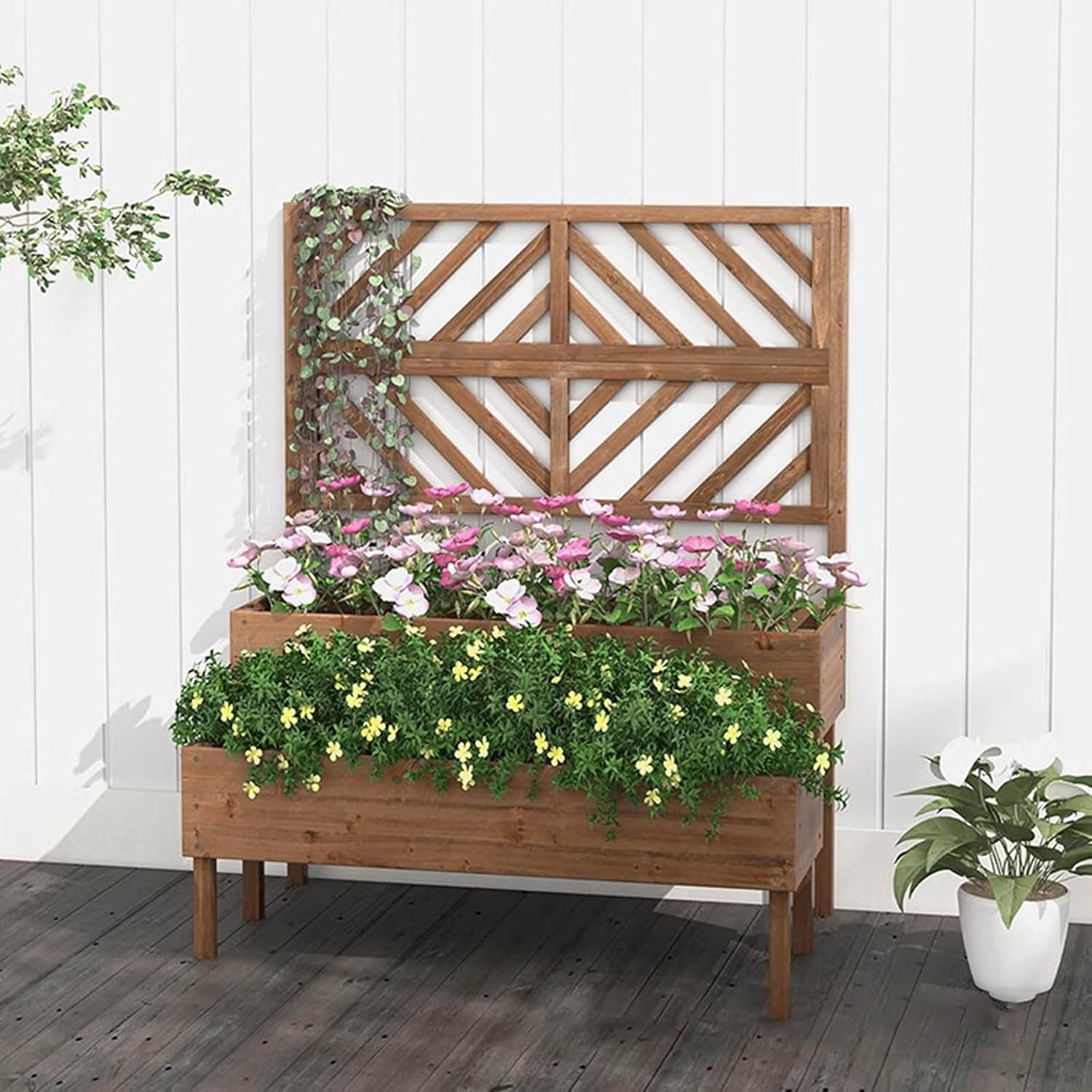 Elevated Planter Box with Trellis & 2 Planter Boxes,2-Tier Gardening Planters with Legs & Drainage Holes, Wooden Outdoor Raised Garden Bed,for Flowers, Herbs, Vegetables & Fruits