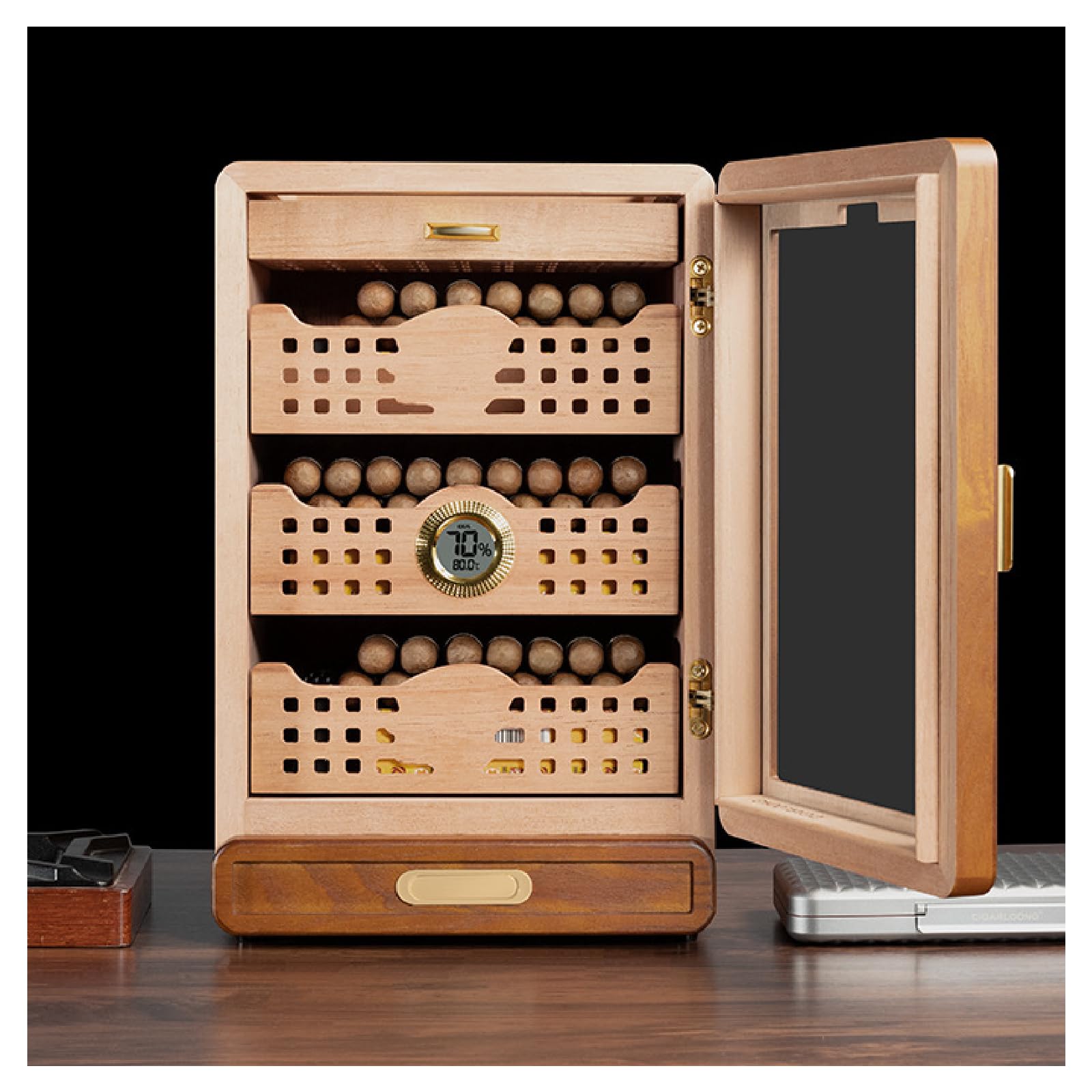 Humidor na cygara, nawilżacz i chłodziarka do cygar, wbudowany precyzyjny elektroniczny termometr i higrometr, idealny do wystroju domu lub biura.