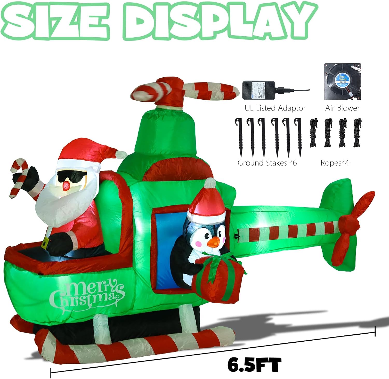 6.5FT Christmas Inflatable Helicopter Santa Claus Yard Decoration with Rotating Propeller, Built-in LED Lights, Blow Up Santa Outdoor Xmas Decor for Yard, Lawn & Garden, Holiday Party, Gift Display