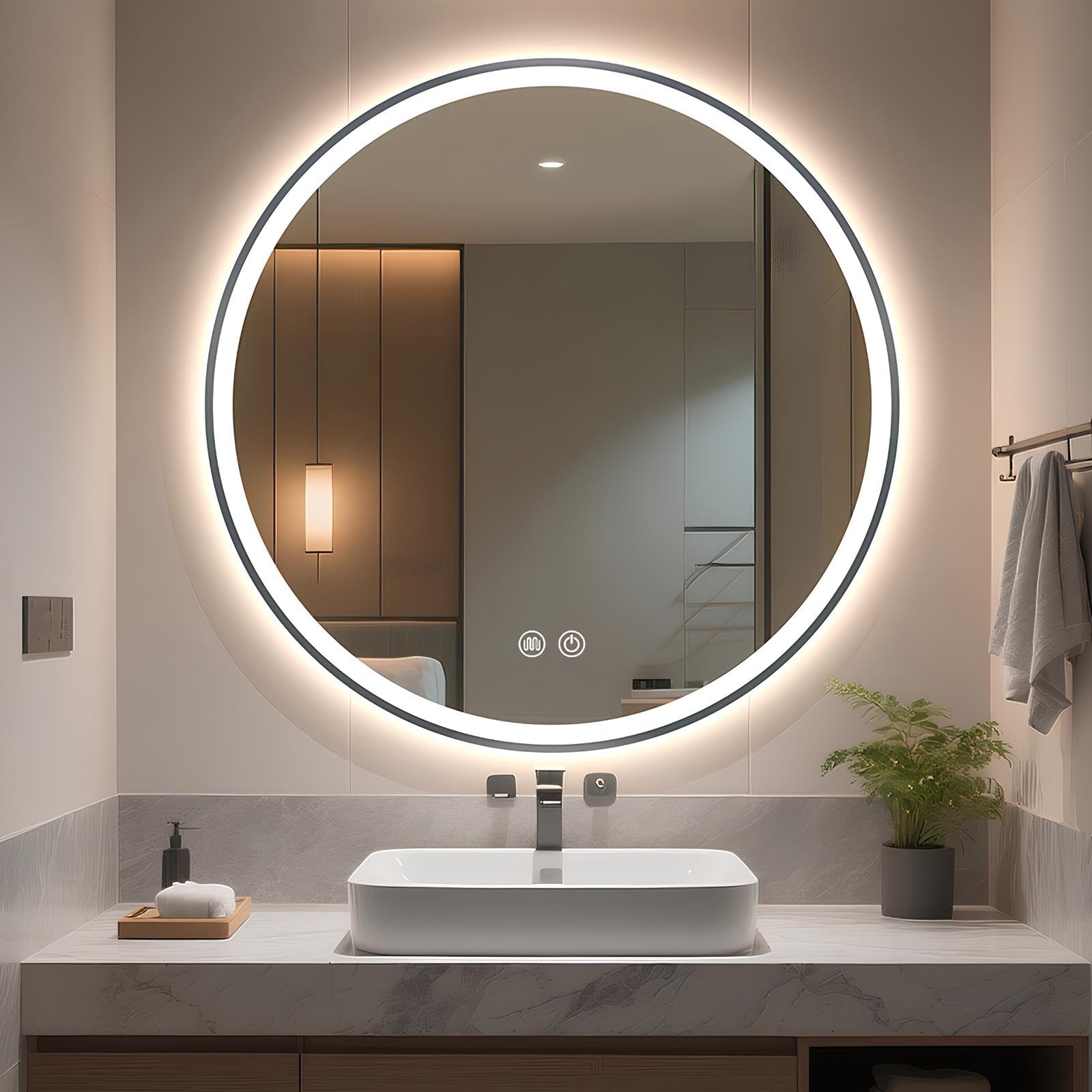FGXHHS Round LED with Aluminum Frame, 50/60/70/80CM Wall Mounted Vanity Makeup Mirrors Illuminated Anti-fog, 3 Colors, Dimmable(Gray,50cm/19.7in)