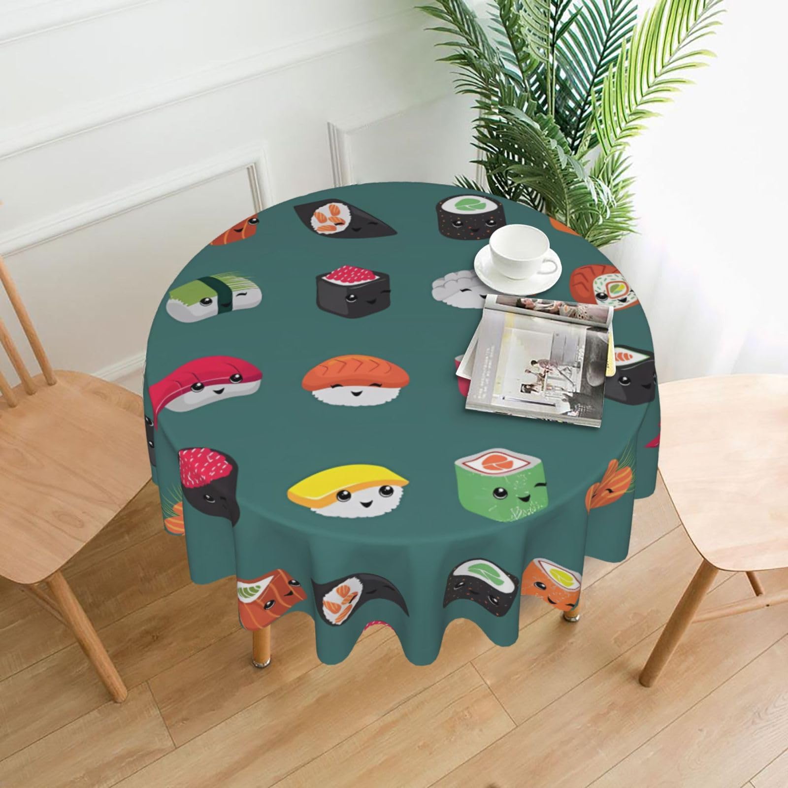 YYHWHJDE Sushi Prints Round Decorative Table Throw 60in – Waterproof Table Cover for Elegant Dining & Outdoor Gatherings