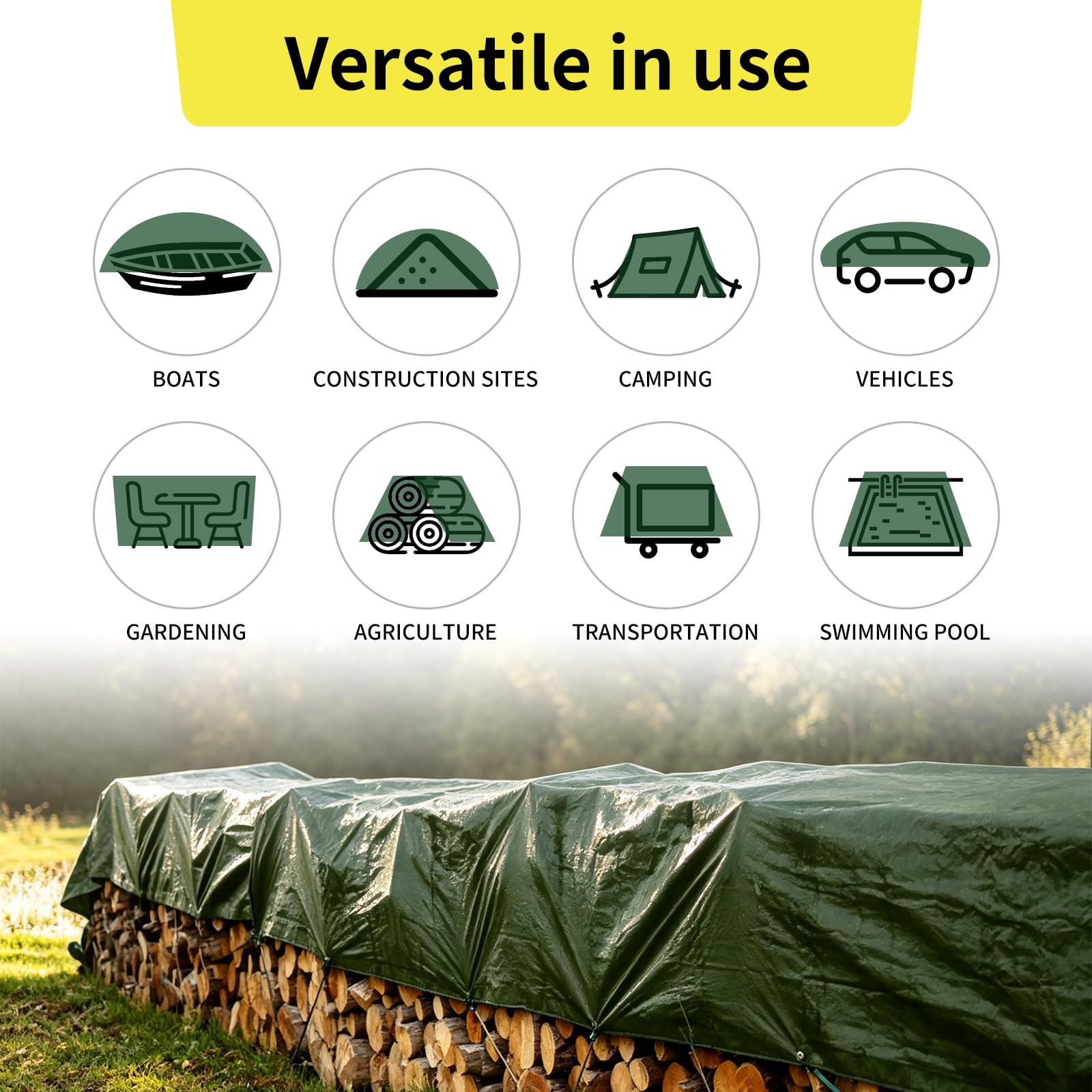 Telo Impermeabile Esterno Polietilene 3x5m 140 g/m² Telone Occhiellato per Barche, Legno, Piscina, Mobili da giardino, Auto, Telone da Giardino, Verde e argento