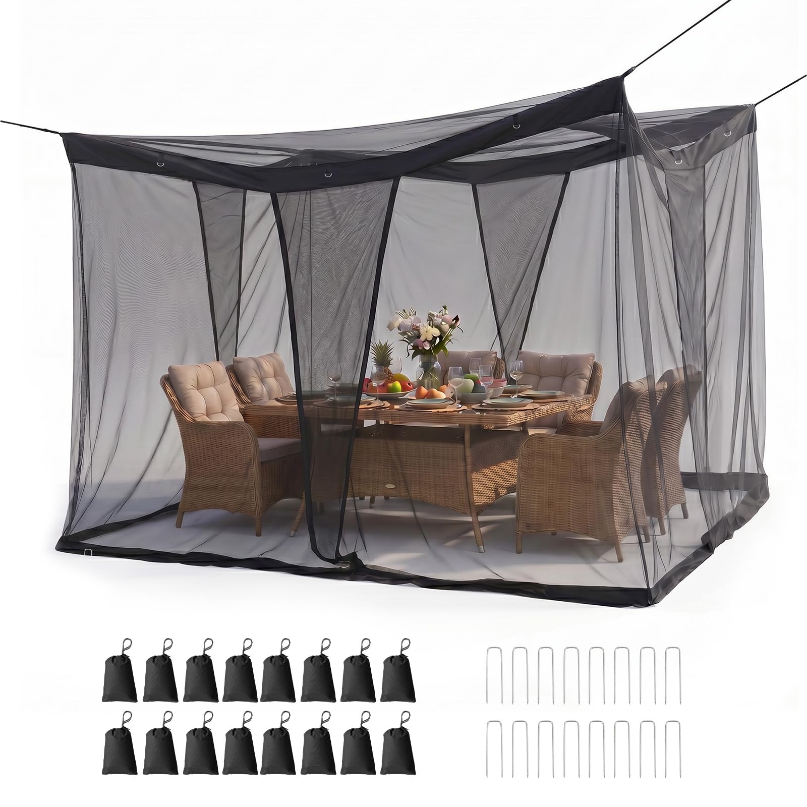 Sekey XXL Moskitonetz mit 16 Sandsäcke und Bodenanker, 4 Eingänge Feinmaschig Mückenschutz, Tragbares Campingzelt 350 × 250 × 250 cm, Outdoor Fliegennetz für Reise Pavillon Garten Terrasse, Schwarz