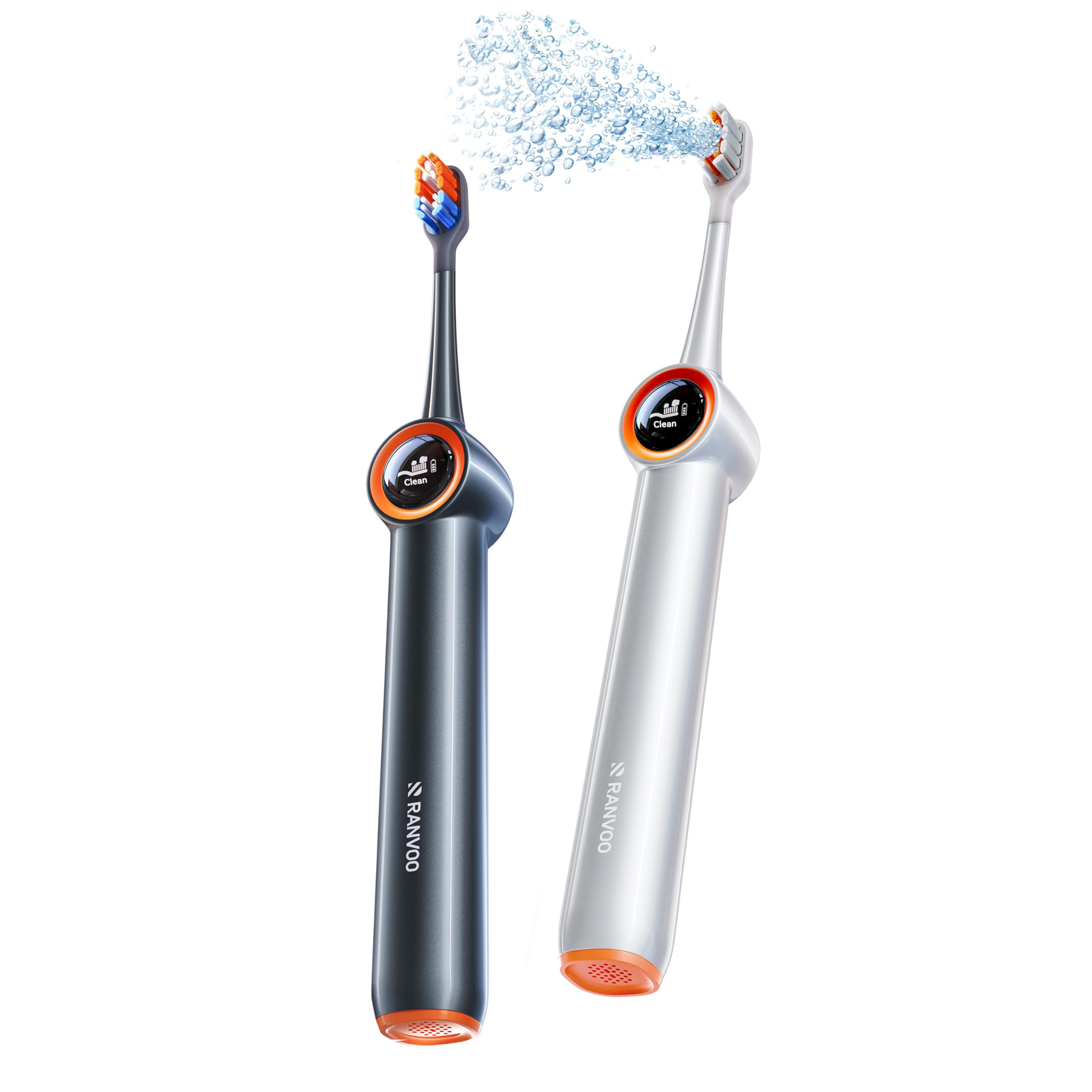 RANVOO AirJet [Max Jet Clean] [Vibrante & Flossing 2-in-1] Bubble Sonic Spazzolino elettrico per rimozione della placca, bianco per la cura delle gengive per adulti, regalo ricaricabile con 2 testine