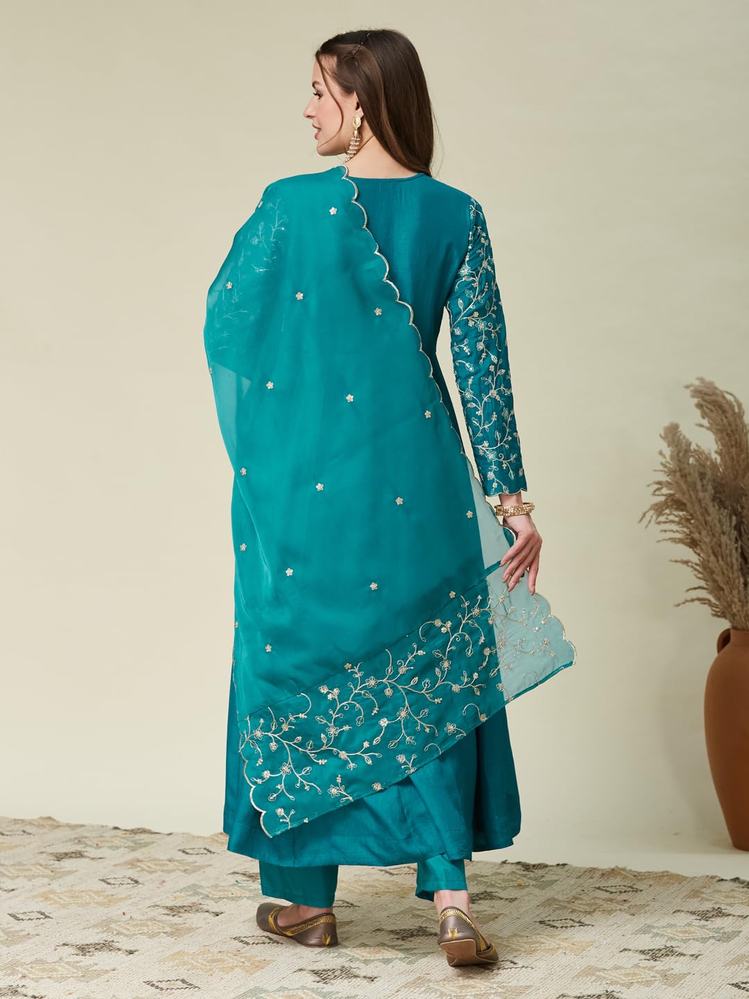 MOKOSH Women Silk Embroidered Rama Anarkali Kurta Pant And Dupatta Set-471-03-S - Image 2 thumbnail