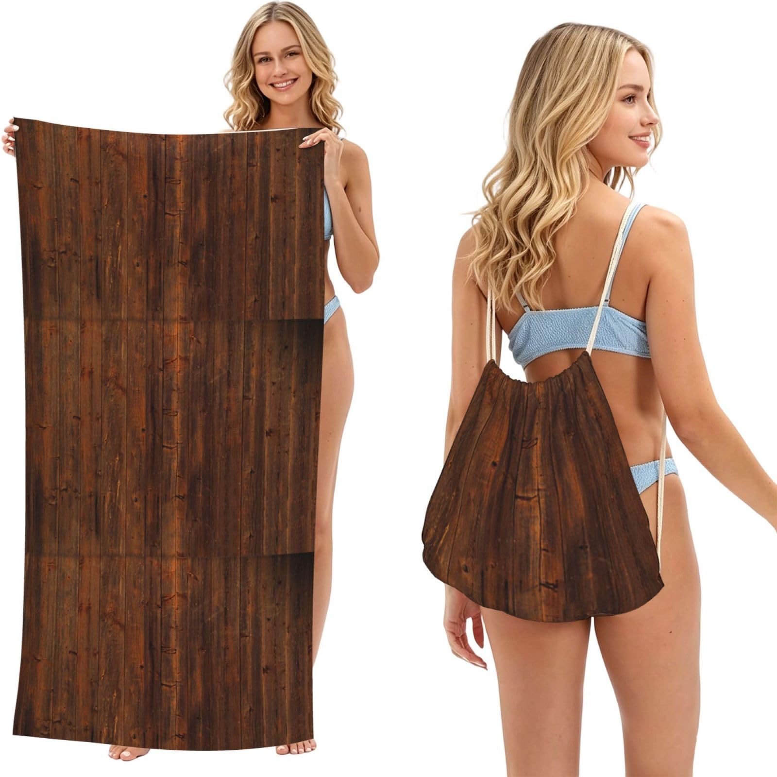 Poadnly As Picture Rustic Shabby, 2 In 1 Packable Towel Bag, Beach Towels With Drawstring Backpack For Travel Holiday Camping