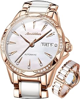 Women's Automatic Watches Self Winding Watch for Women Ceramics Stainless Steel Ladies Wrist Watches Mechanical Diamond Rose Gold No Battery Dress Female Watch Waterproof