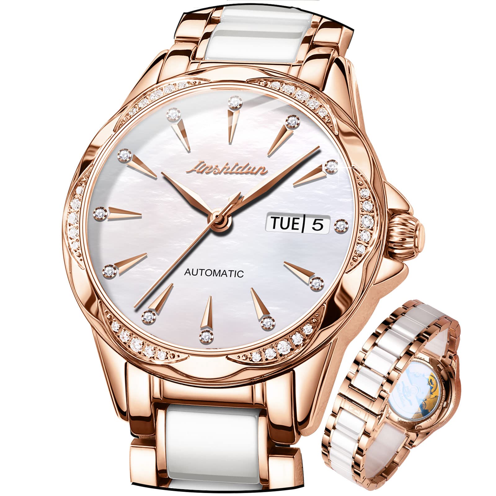 OLEVS Ladies' Automatic Mechanical Wristwatch with White dial, Mechanical Waterproof self-Winding, Rose Gold Pearl Shell dial with Day-Date Display, Ceramic and Stainless Steel with Diamonds.