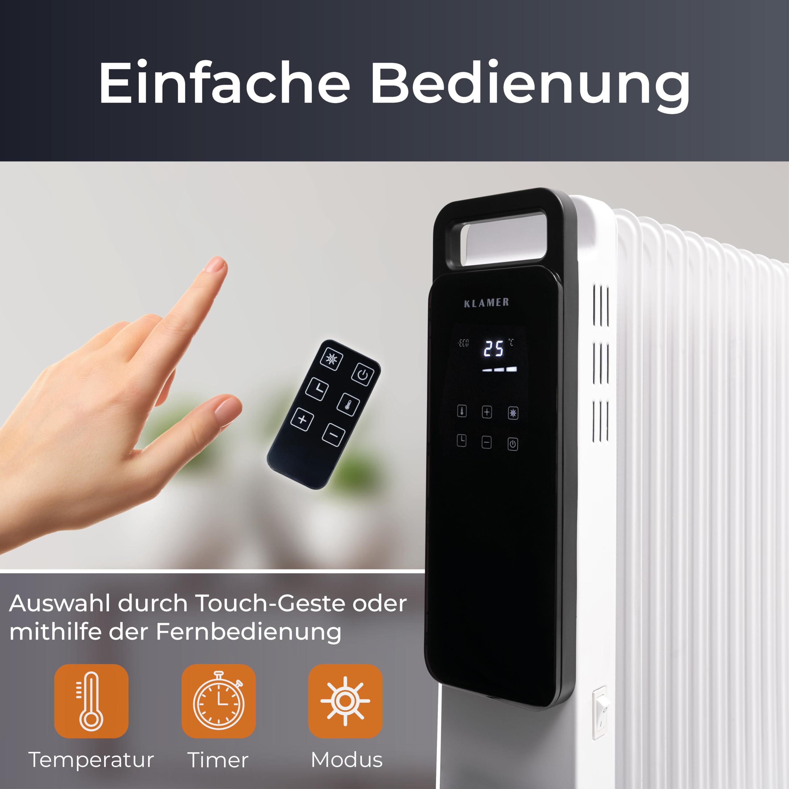 KLAMER Ölradiator 2500 W, Elektroheizung energiesparend, 13 Rippen, 3 Heizstufen mit Eco-Modus, 24h Timer, Thermostat, Überhitzungs- & Kippschutz, mit Fernbedienung, für Innenräume, weiß