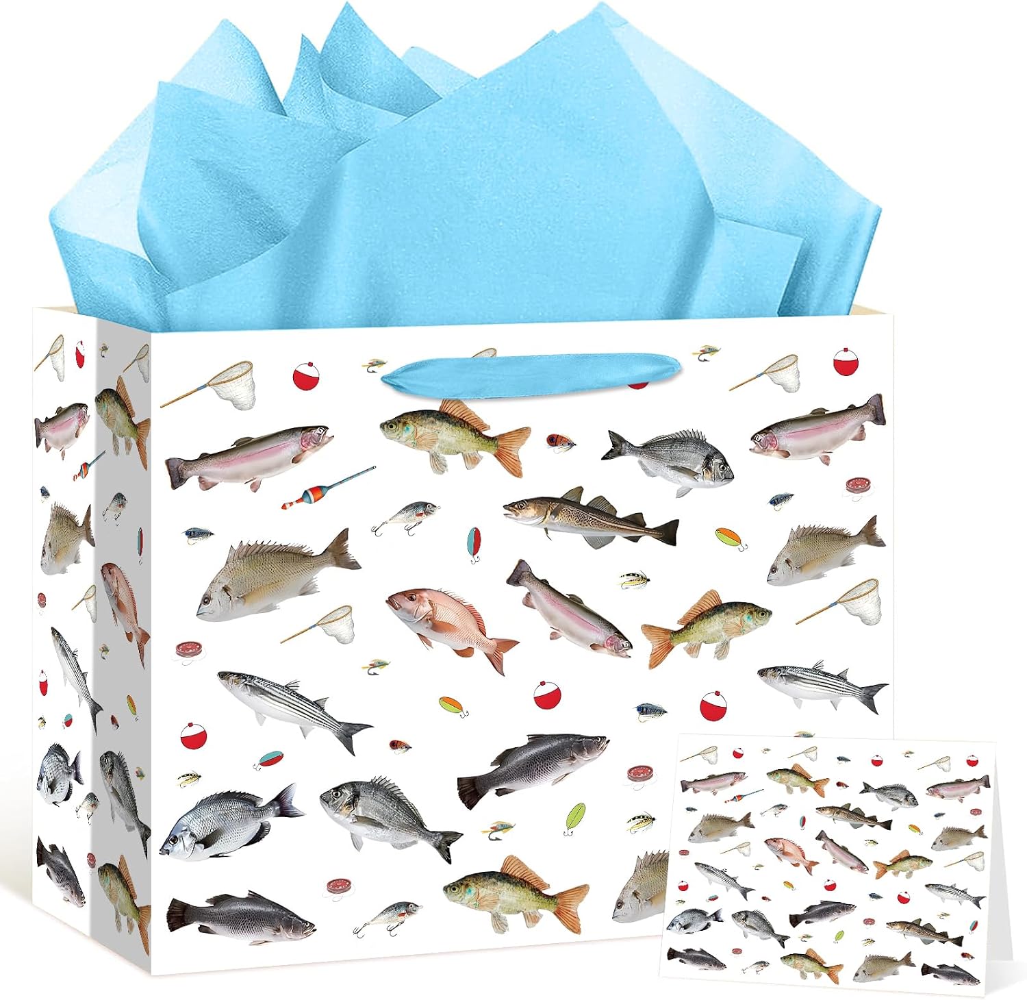 Fishing Gift Bag Gone Fishing Birthday Party Favor Bags with Tissue Paper and Greeting Card Gone Fishin Gift Wrap Bag Fish Wrapping Paper Bag Decorations for Kids Angler Baby Shower Birthday Supplies