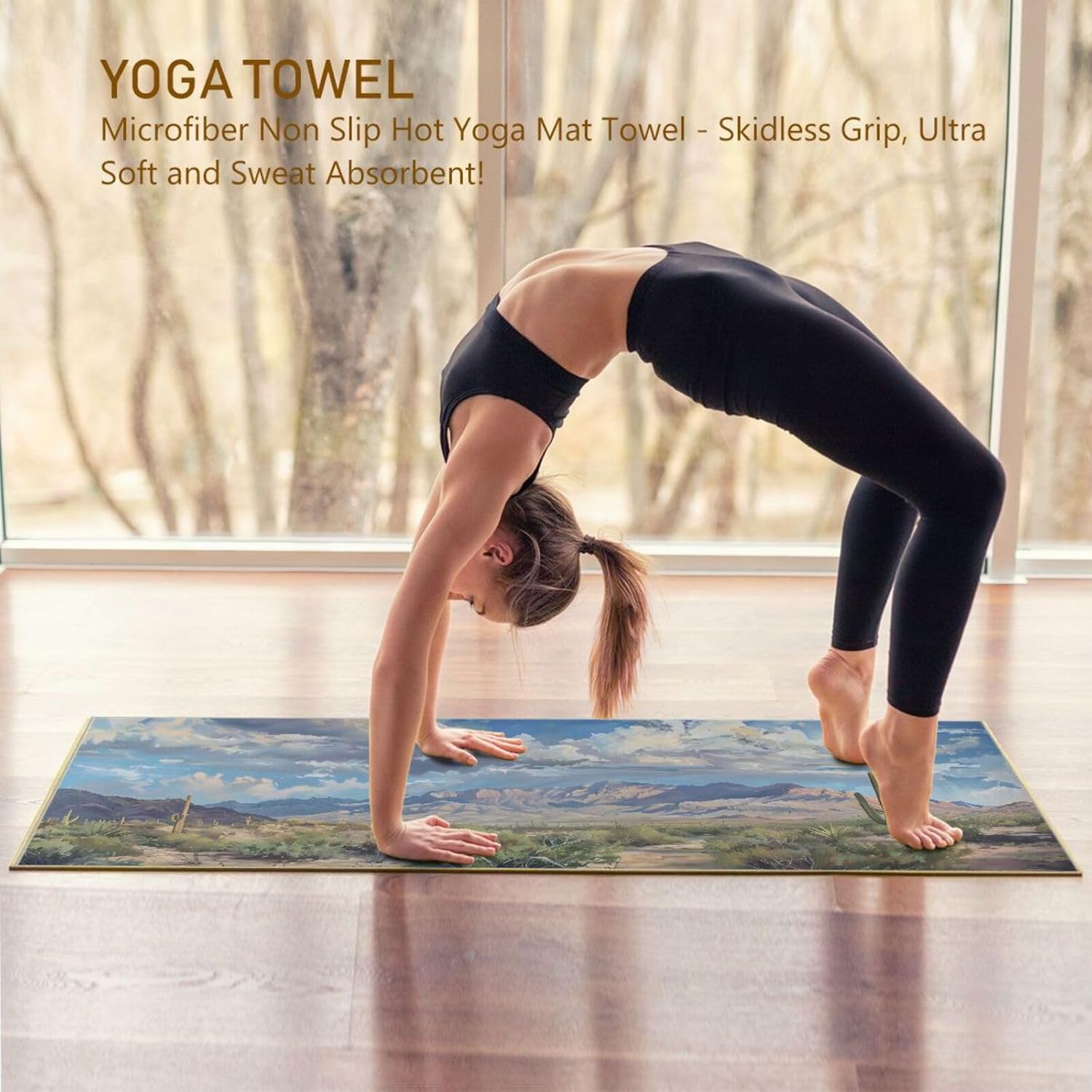 Yoga Mat Towel with Silicone Grip Dot Desert Landscape Cactus – 73"x27" Non-Slip Sweat Absorbent Microfiber Yoga Towel for Home Gym Studio