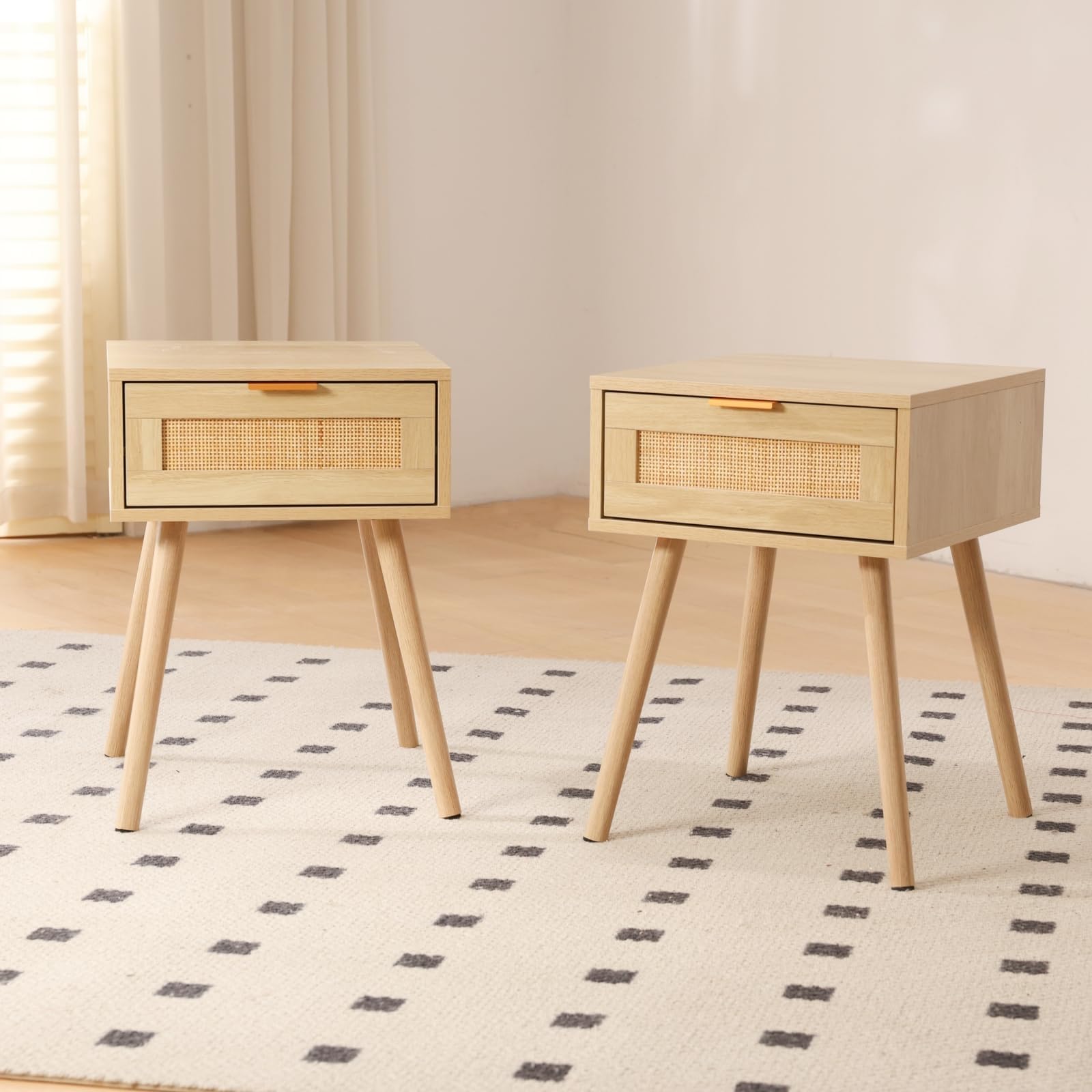 GRAVFORCE Nachttisch Rattan 2er Set Beistelltisch mit Schublade (Holzfarbe)