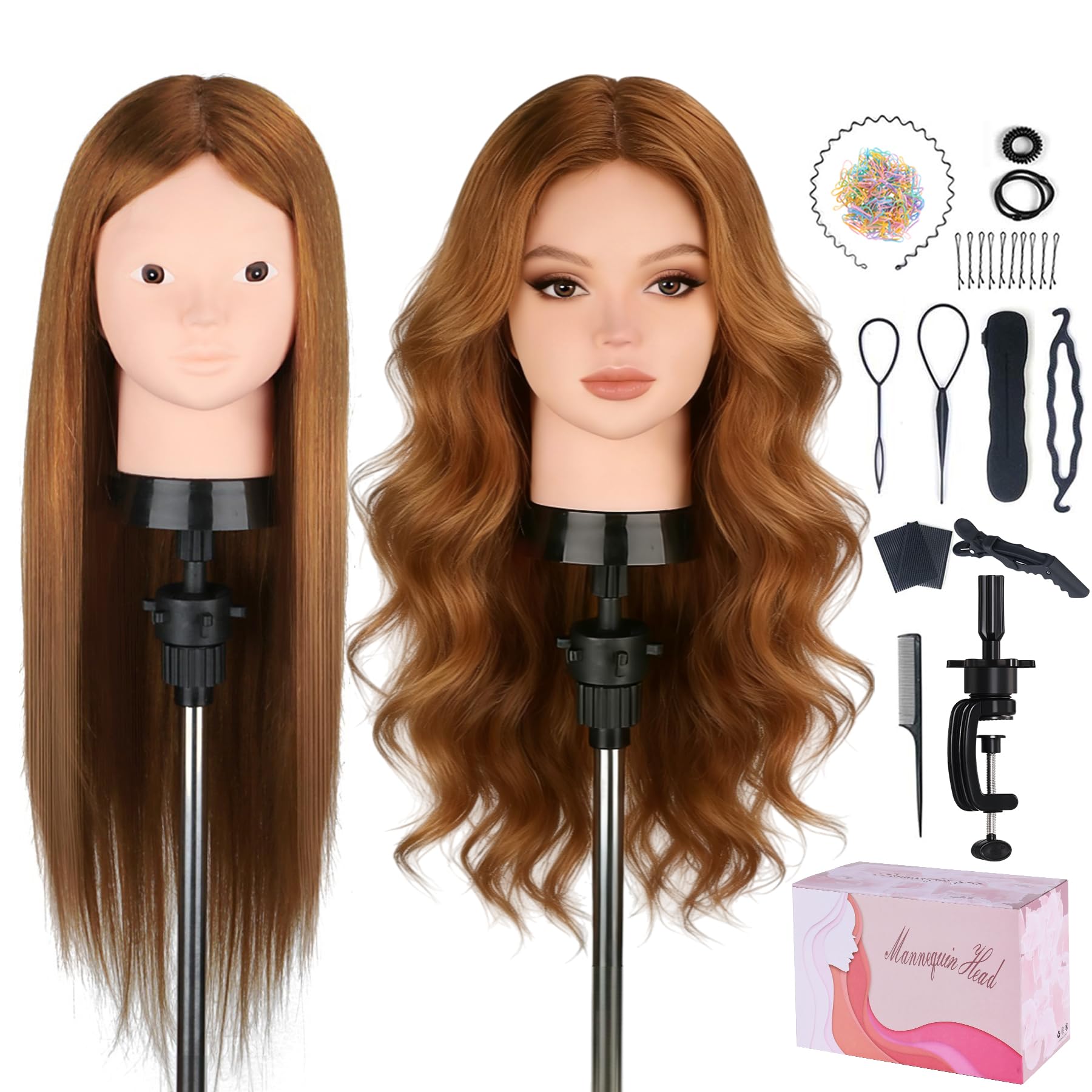Mannequin Head with 80% Real Human Hair, Manikin Doll Head for Hair Styling, Cosmetology Makeup Hairdressing Training Practice Head with Clamp Stand and DIY Hair Styling Braiding Set