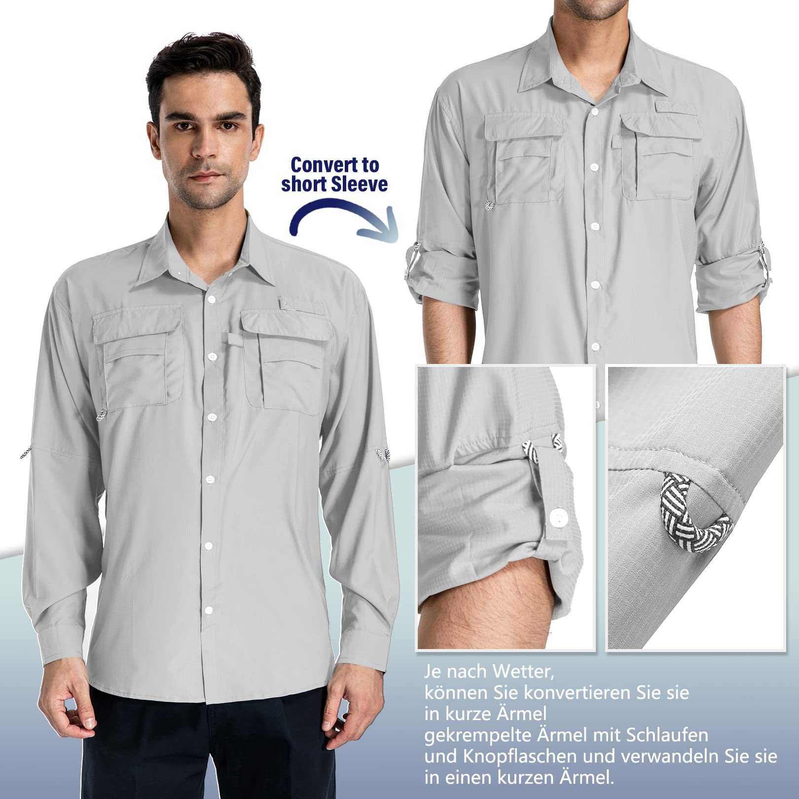 yeyity Camisa de hombre manga larga Safari UPF50 con protección UV transpirable botones para senderismo pesca trekking