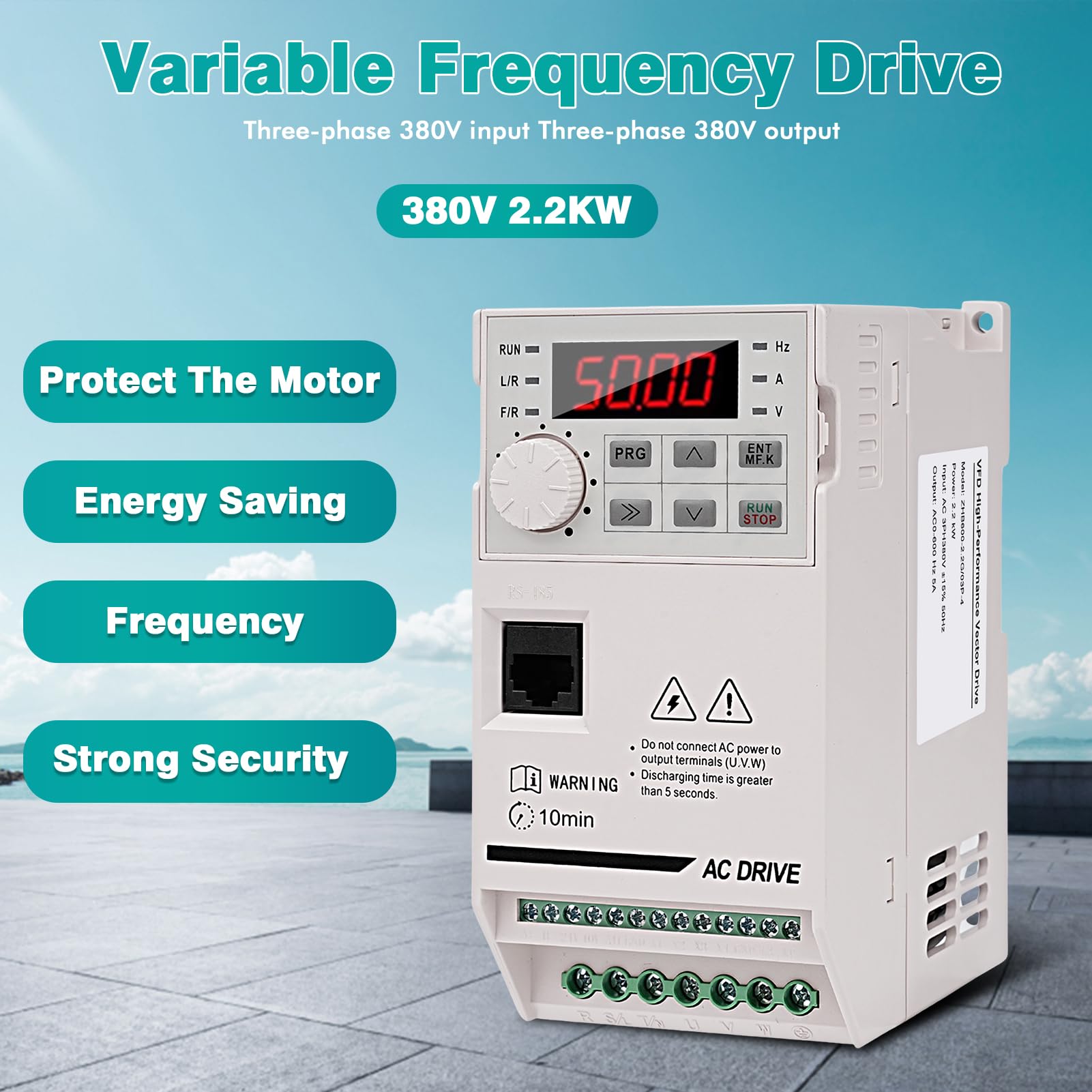 Inverter per Motori trifase 380V 2.2KW VFD Azionamento a frequenza variabile ingresso e uscita trifase 380V Regolatore convertitore di frequenza CNC ZHB600-2.2KW con cavo prolungatore 2M