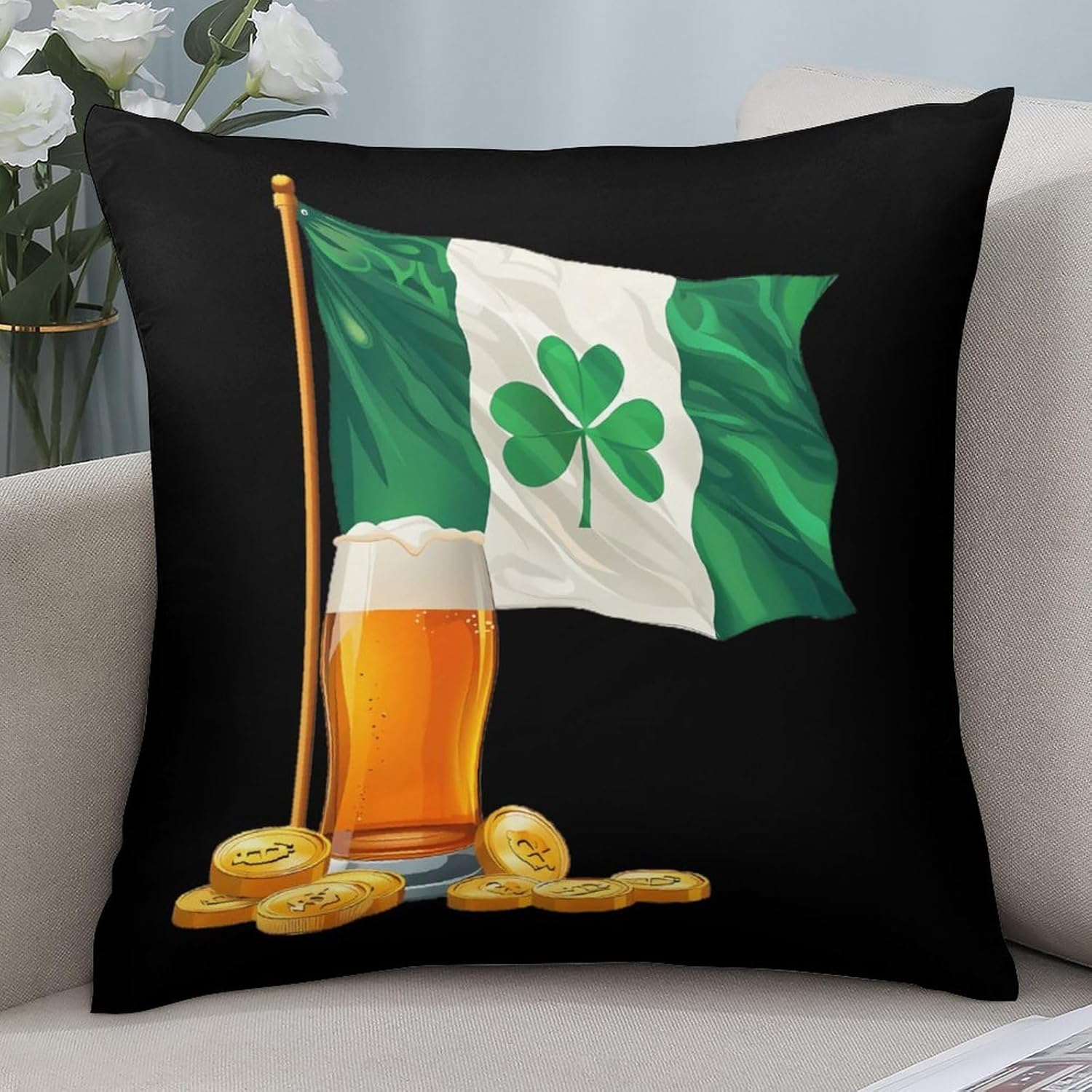Happy St Patricks Day Beer Coins Printed Throw Pillow Case 4 Pcs Soft Pillowcases Pillows Covers Sofa Bed Decor 12/14/16/17/18/20/22/24/32 Inches