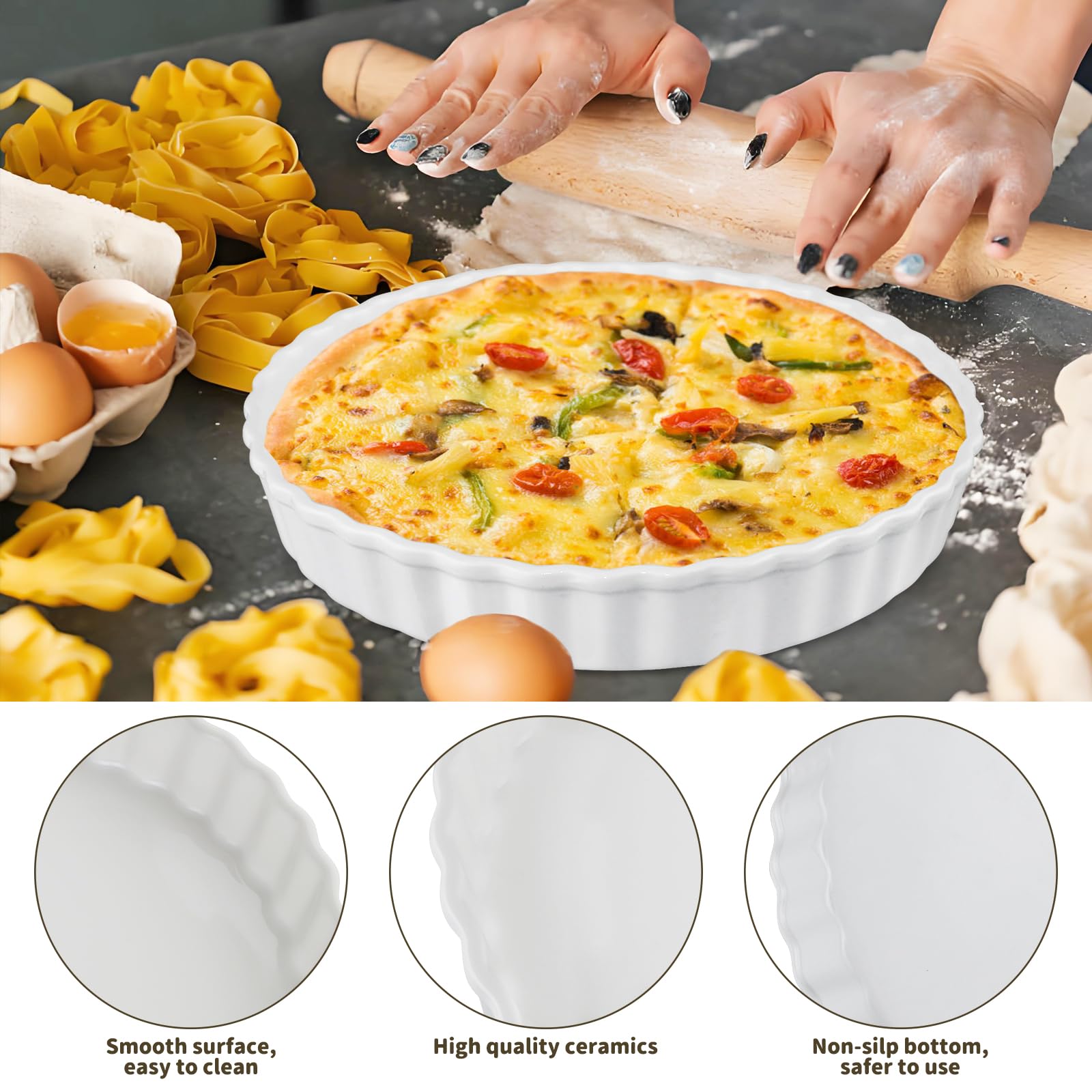 Plat à quiche en porcelaine blanche de 26 x 4 cm, plat à tarte, plat à tarte, plat à tarte, plat à tarte et quiche en céramique pour tarte, pizza, pâtes, tarte et quiche