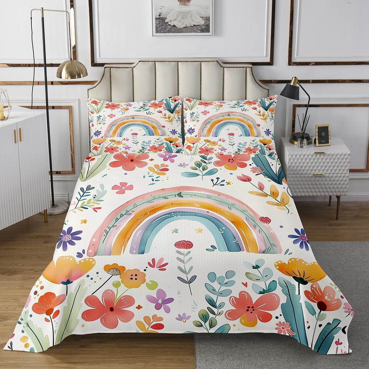 Rainbow Bedspread Twin Size,Stars and Love Pattern Bedding Set 2Pcs for Kids Girls Boys Woman Room Decor,Dreamy Starry Sky Galaxy Comforter Set Kawaii Watercolor Coverlet Quilt,1 Pillowcase