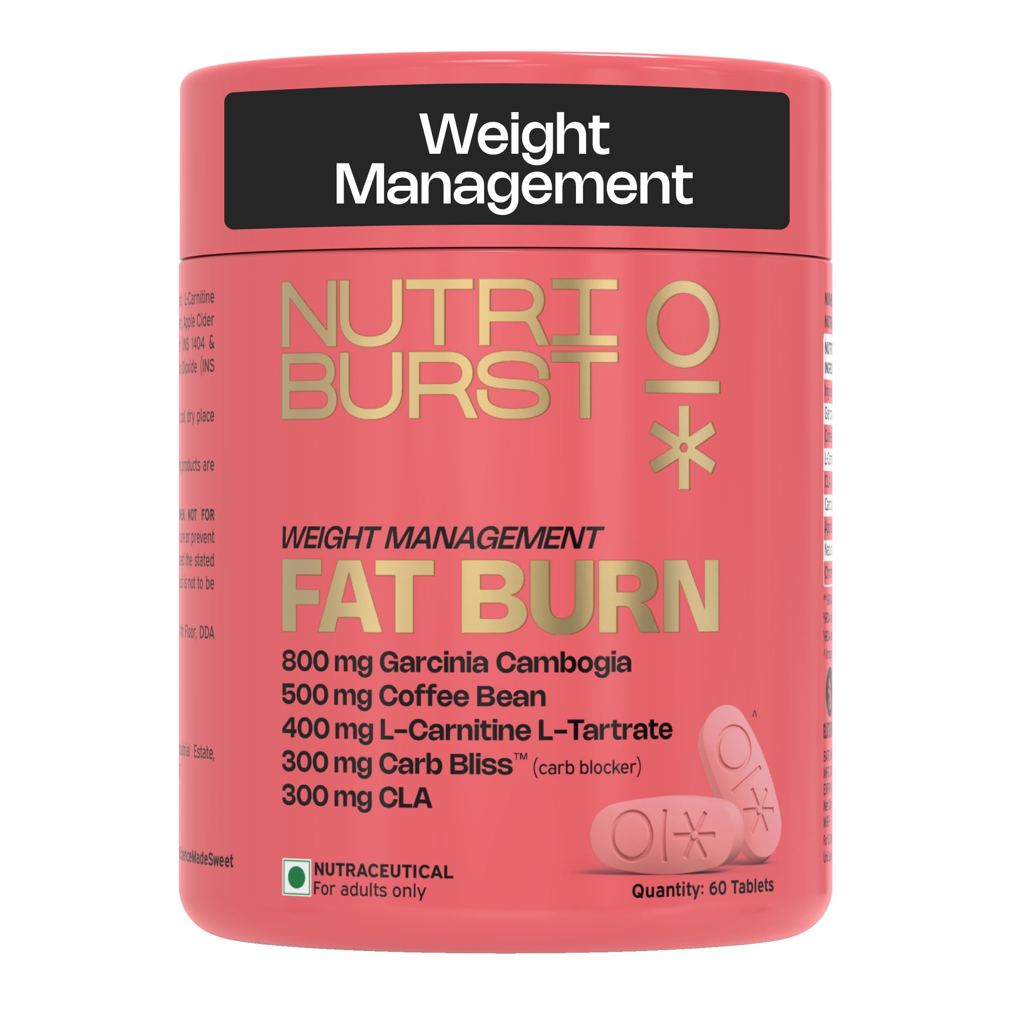 Nutriburst Fat Burn Tablets for Men & Women | Weight Management Supplement with Garcinia Cambogia, Green Coffee Bean, L-Carnitine, CLA & Carb Blocker | 60 Tablets | 1-Month Pack