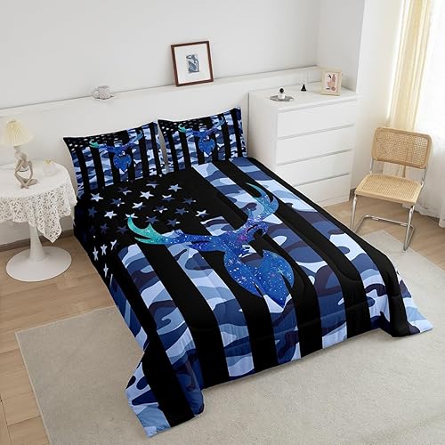 Miniatura 3 de Juego de edredón de camuflaje con ciervo, tamaño matrimonial, juego de ropa de cama con bandera de Estados Unidos de color azul militar para niños,