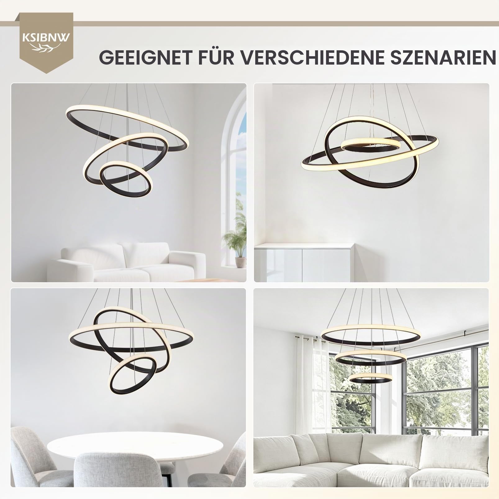 KSIBNW 3 Ringen Moderne LED Hängelampe Esstisch,45W LED Hängeleuchte & Pendelleuchten Höhenverstellbar für Esszimmer Wohnzimmer,Dimmbar Hängeleuchte Aluminium Mit Fernbedienung,3000K-6500K,Schwarz