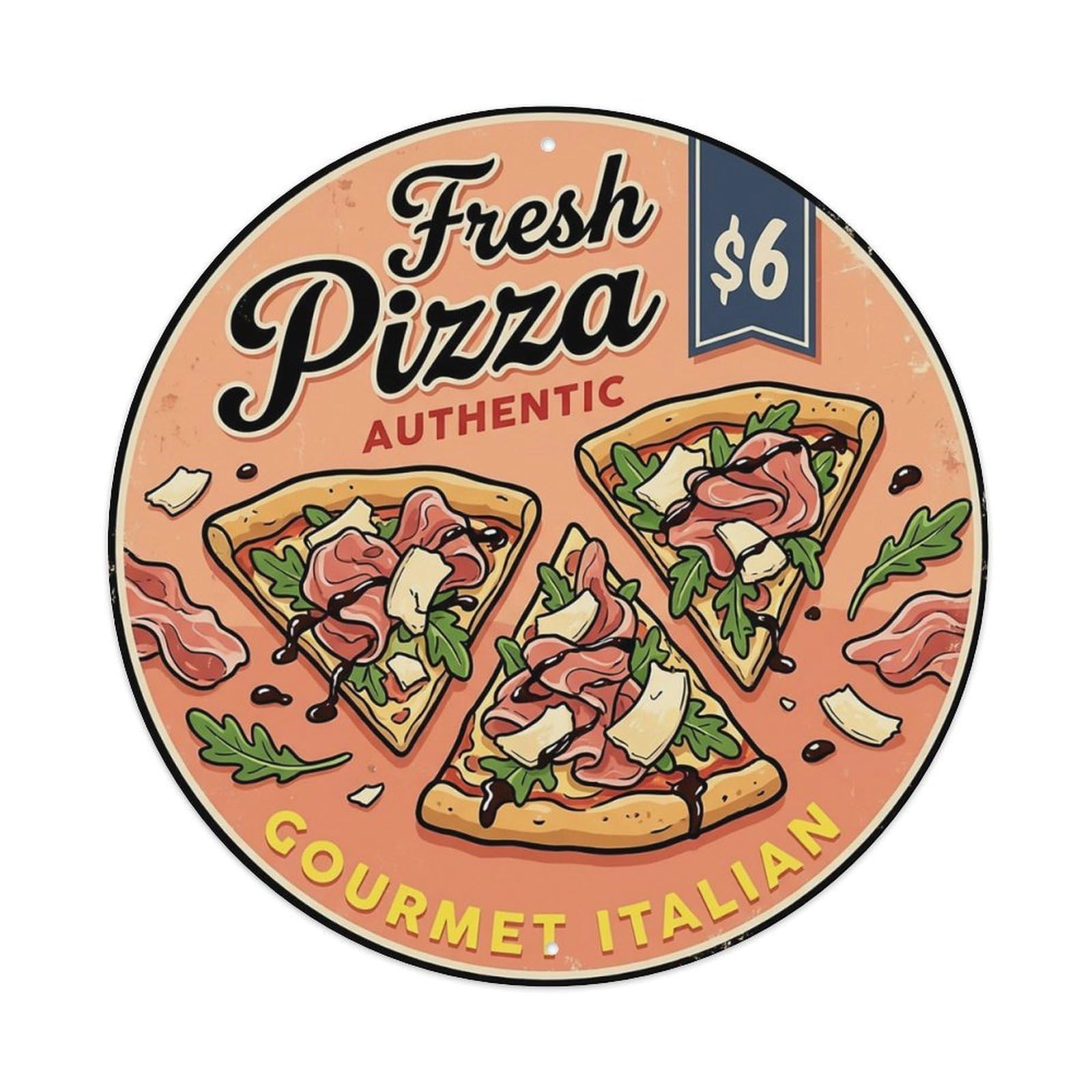 Huiyhb 8X8inch(20X20cm) Vintage Pizza Slice Italian Traditional Cuisine Prosciutto Metal Tin Sign