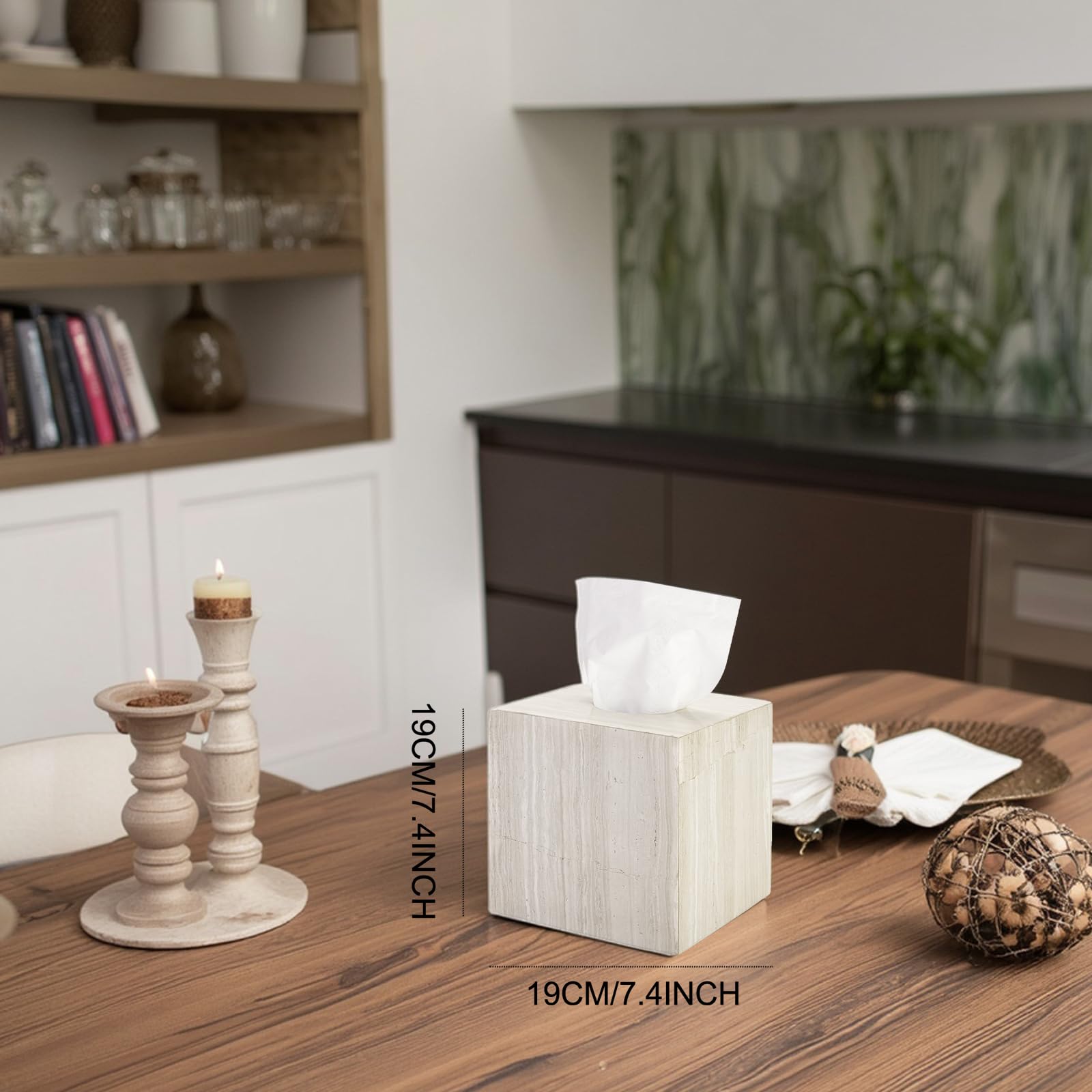Travertin-Optik Taschentuchbox Aus Harz – 14x14x14 Cm, Gewichtet, Mit Rutschfester Unterseite (Beige)
