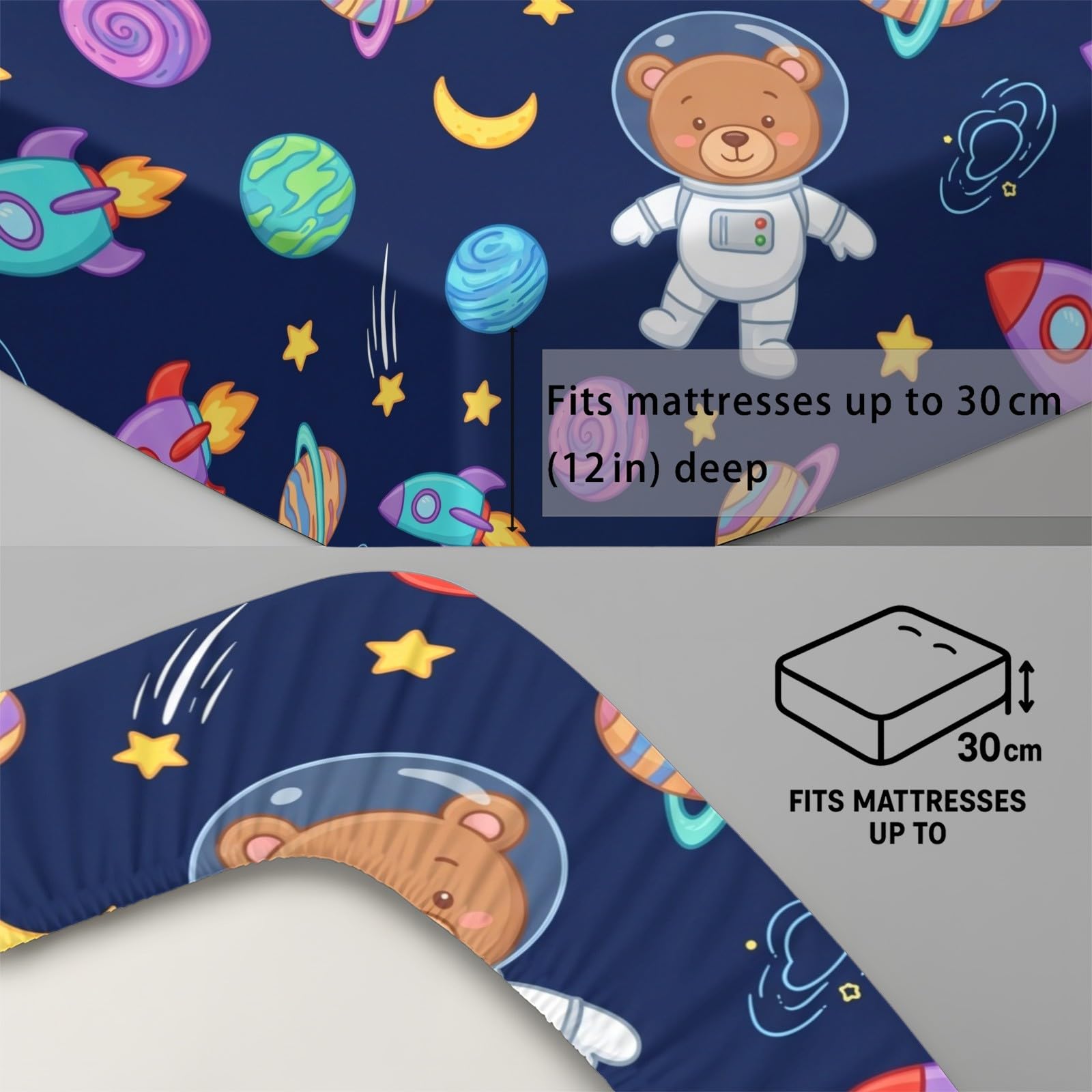Space pojedyncze prześcieradło z gumką, 90 x 190 cm, kreskówkowa planeta, rakieta, z głęboką kieszenią, głębokość 30 cm, zestaw pościeli z miękkiej mikrofibry, łatwe w pielęgnacji