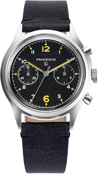PRAESIDUS PAC-76 Mens Military Chronograph Watch, 38mm, Yellow Index, Black Dial, Stainless Steel Bonclip/Leather/Canvas Bracelet, Black Dial | Black Leather Strap, Military, Black Dial | Black