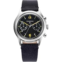 PRAESIDUS PAC-76 Men's Military Chronograph Watch, 38mm, Yellow Index, Black Dial, Stainless Steel Bonclip/Leather/Canvas Bracelet, Black Dial | Black Leather Strap, Military, Black Dial | Black