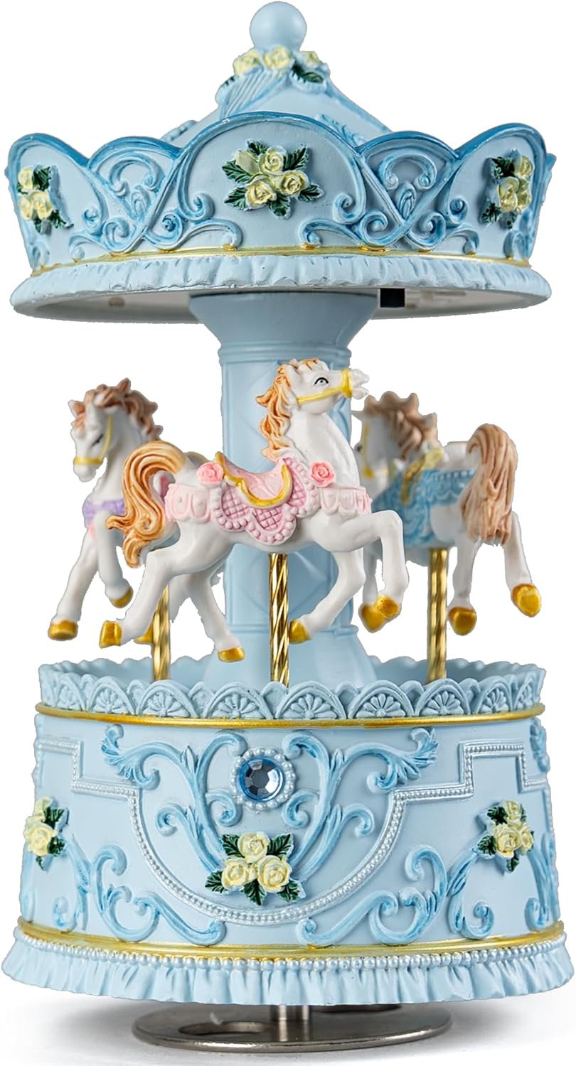 Elegant Blue Carousel Music Box,Handcrafted Rotating Horses & Floral Details Musical Figurine, for Birthdays,Christmas,Valentine's Day,Birthday,Home Décor,Plays You are My Sunshine Tune - Image 5