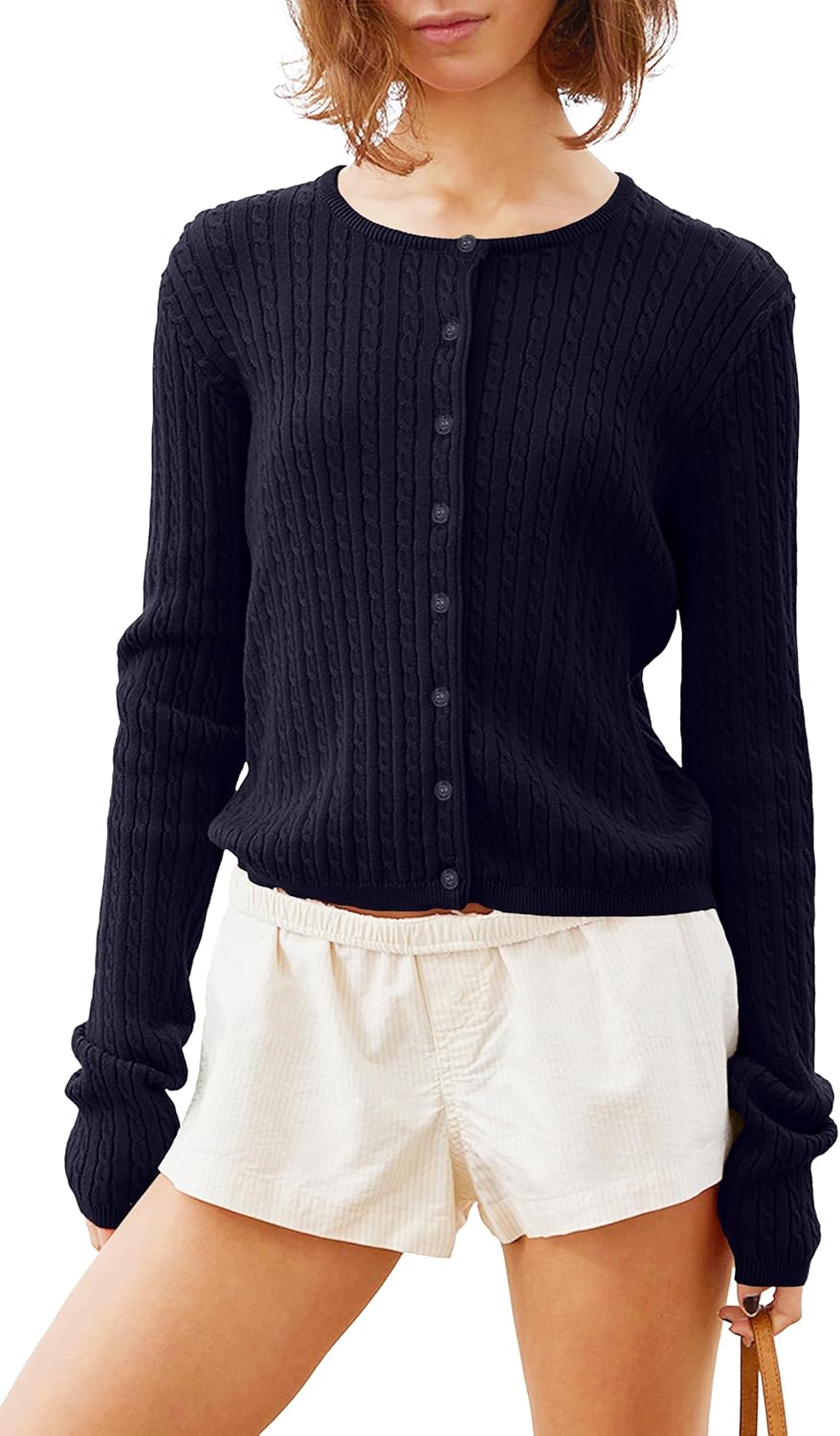 KIGRAD Women Y2k Cute Crewneck Cable Knit Lightweight Cropped Cardigan Tops Fall Open Front Button Pullover Sweaters