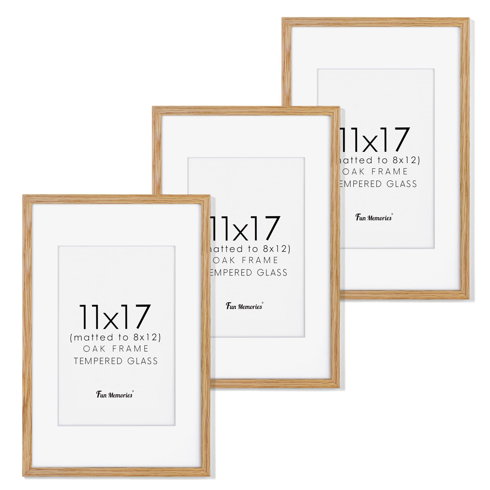 11x17 Picture Frame Set of 3, Solid Oak Wood Photo Frames 11"x17", 11 by 17 Poster Frames for Wall, 11 x 17 Frame with Mat for 8 x 12, Tempered Real Glass, 11x17 Inch Wood Frames (Oak Color, 3 Pack) โ image 1