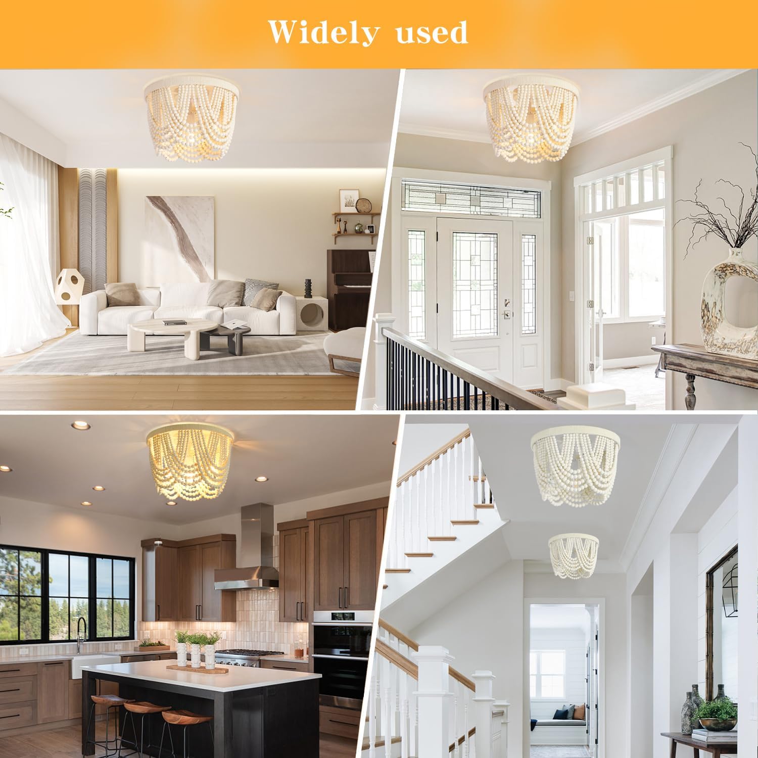 2 Pack Boho Wood Beaded Chandelier,LED Flush Mount Ceiling Light,Farmhouse Rustic White Hemp Rope Chandeliers Fixture for Bedroom,Drawing Room,Kitchen, Entryway,Dining Room(3-Light)