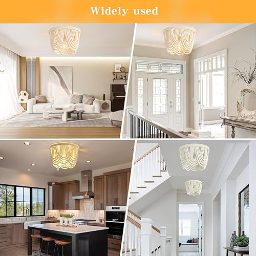 Miniatura 5 de Candelabro bohemio con cuentas de madera, lámpara de techo empotrada, lámpara de techo antigua de yute con cuentas de madera de granja, accesorio