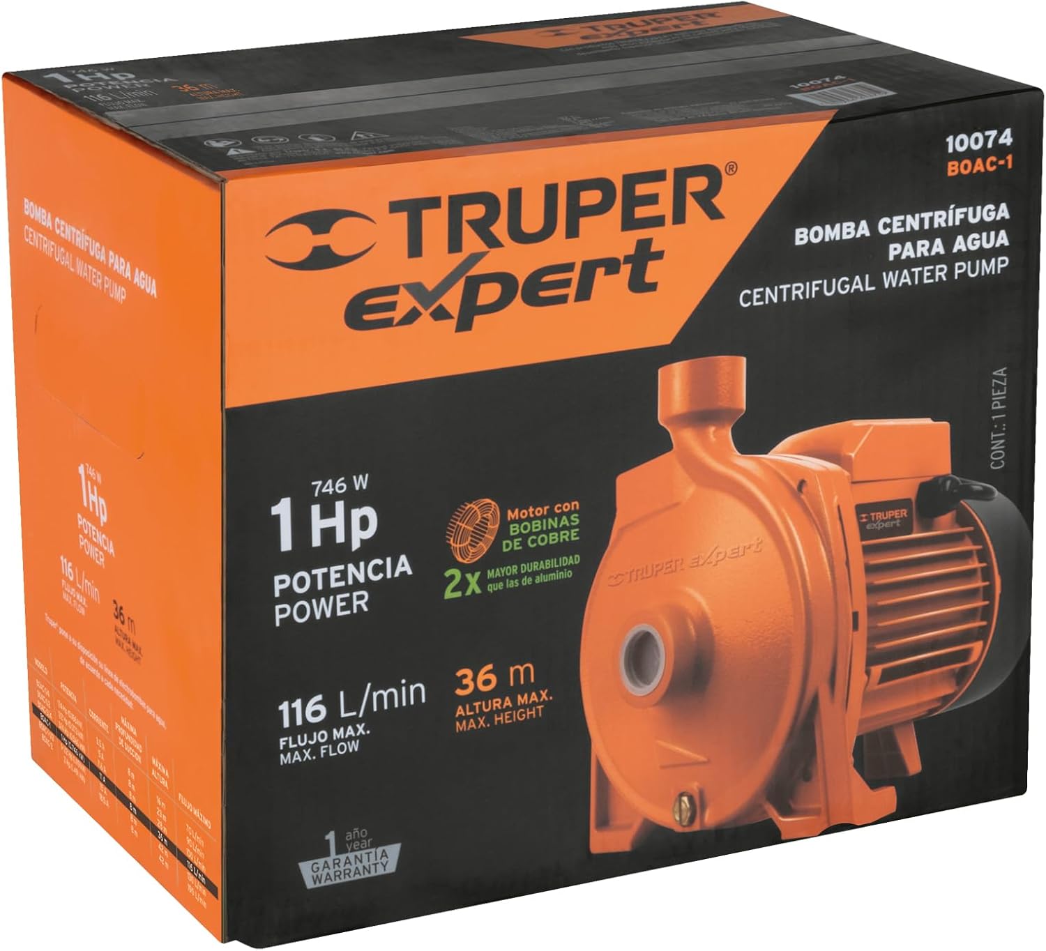 Truper Electric Centrifugal Water Pump 1 HP - Domestic, Brass, 116 L/min Flow, 36m Height, 11.9kg