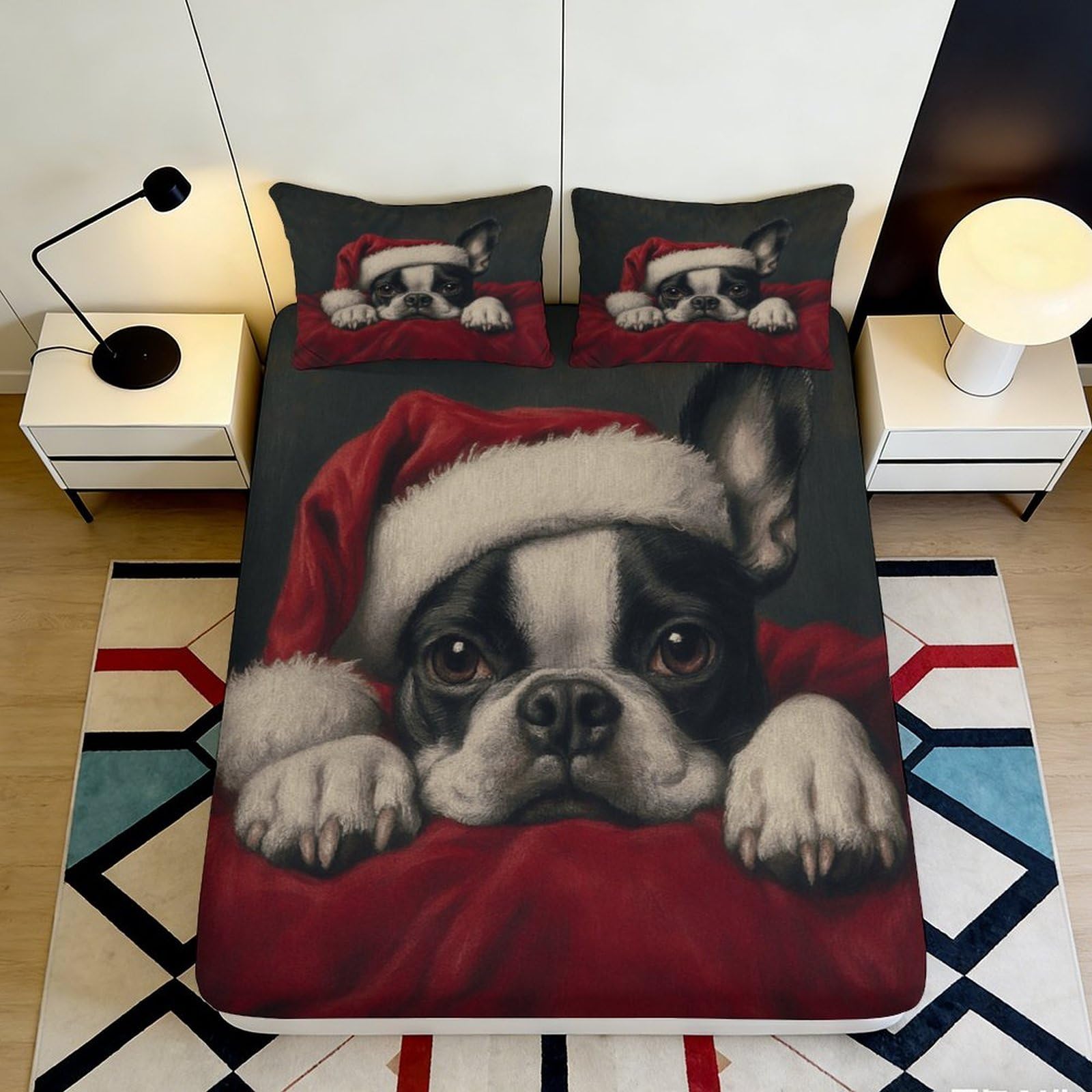 3D Printed Christmas Dog Fitted Sheet Microfiber Soft Festive Santa Hat Bed Cover for Bedroom Guest Room Decor 90x200x25cm