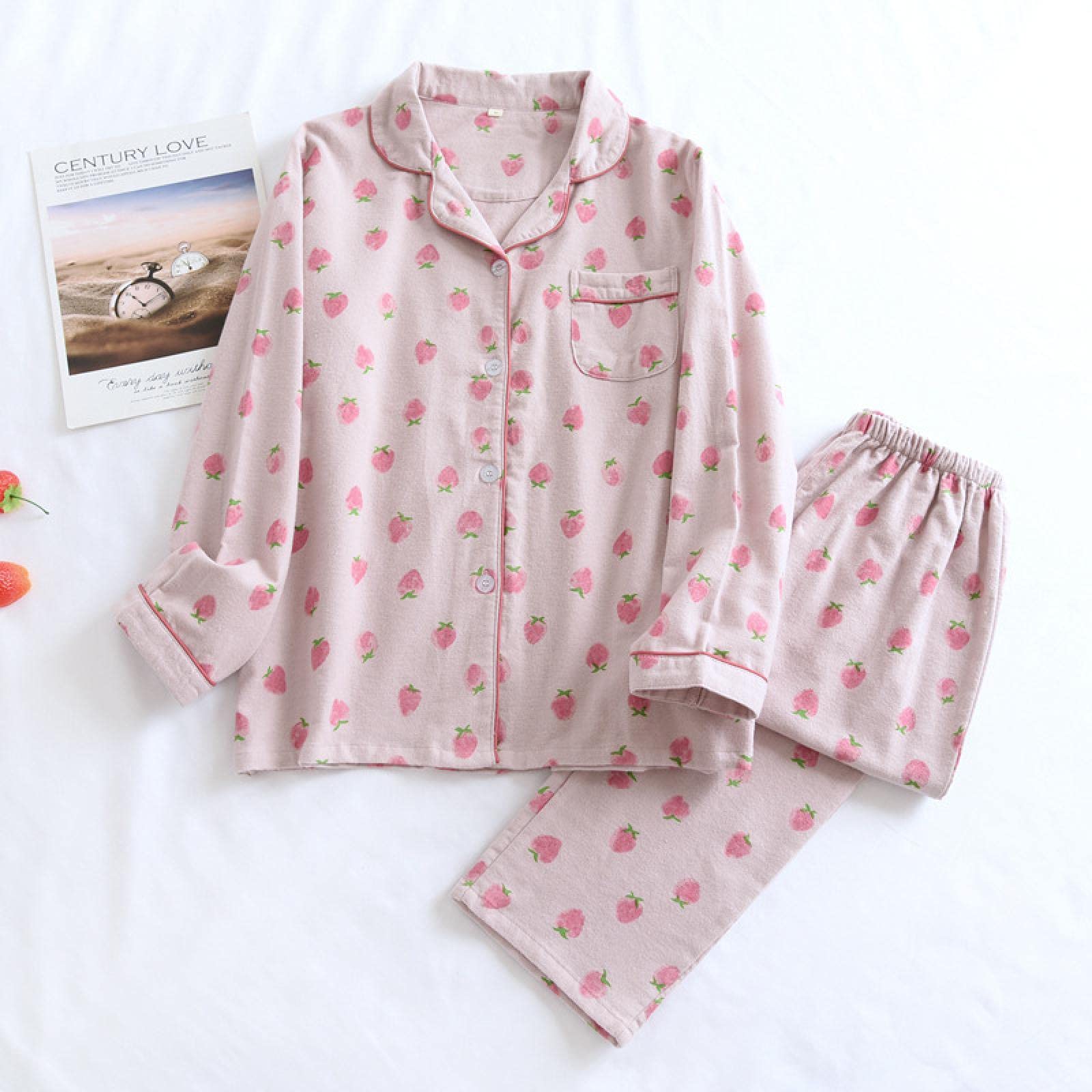 Un Pijama Cómodo Pijamas De Mujer Pijamas De Mujer Pijamas De Otoño Conjunto De Pijamas De Mujer Pantalones De Manga Larga De Algodón Puro Ropa De Dormir para Mujer,Strawberry-Pink-L