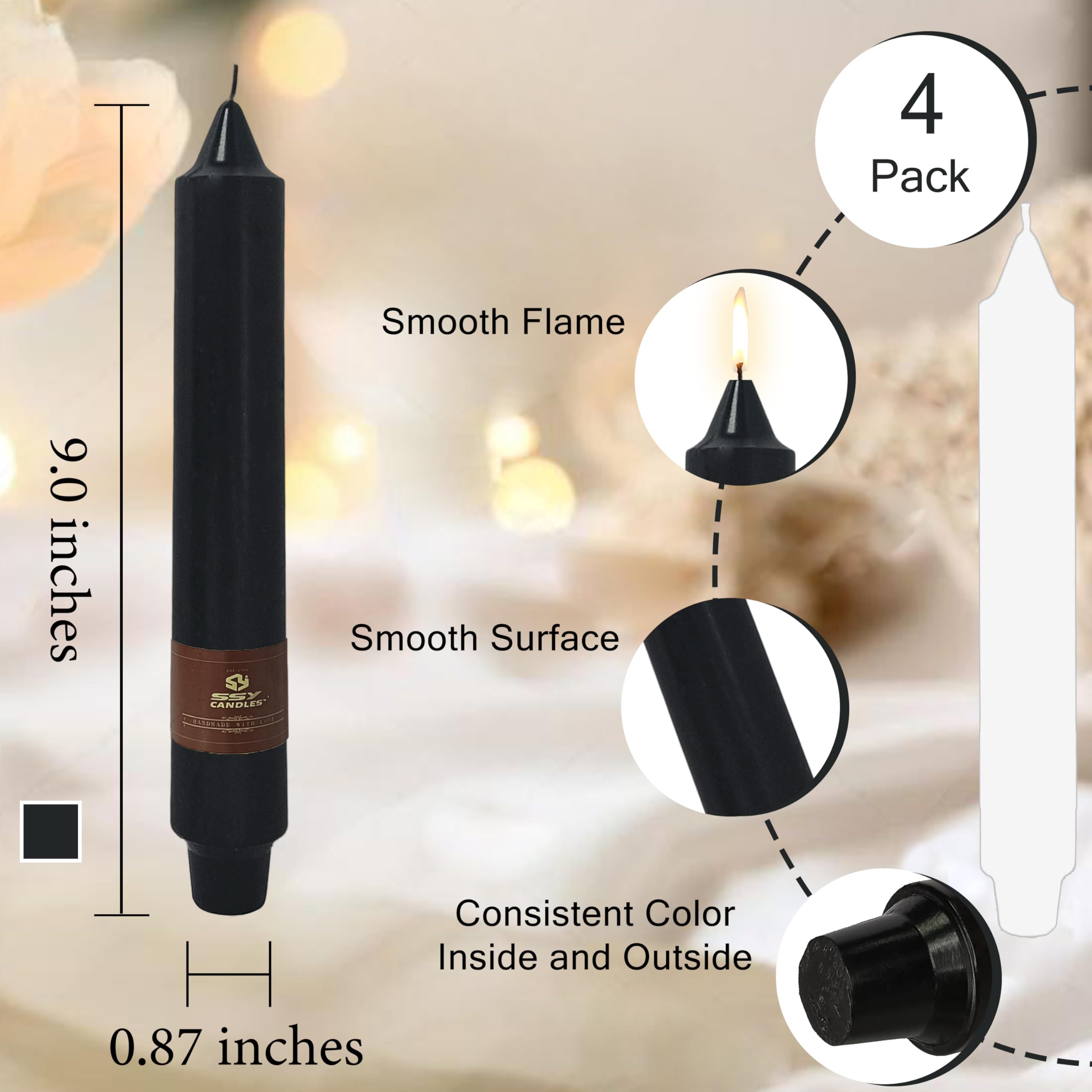 Confezione da 4 candele coniche nere per Halloween, versate a mano, 22,9 cm, non profumate, lunghe candele affusolate per decorazioni spettrali, case infestate e matrimoni gotici, combustione pulita