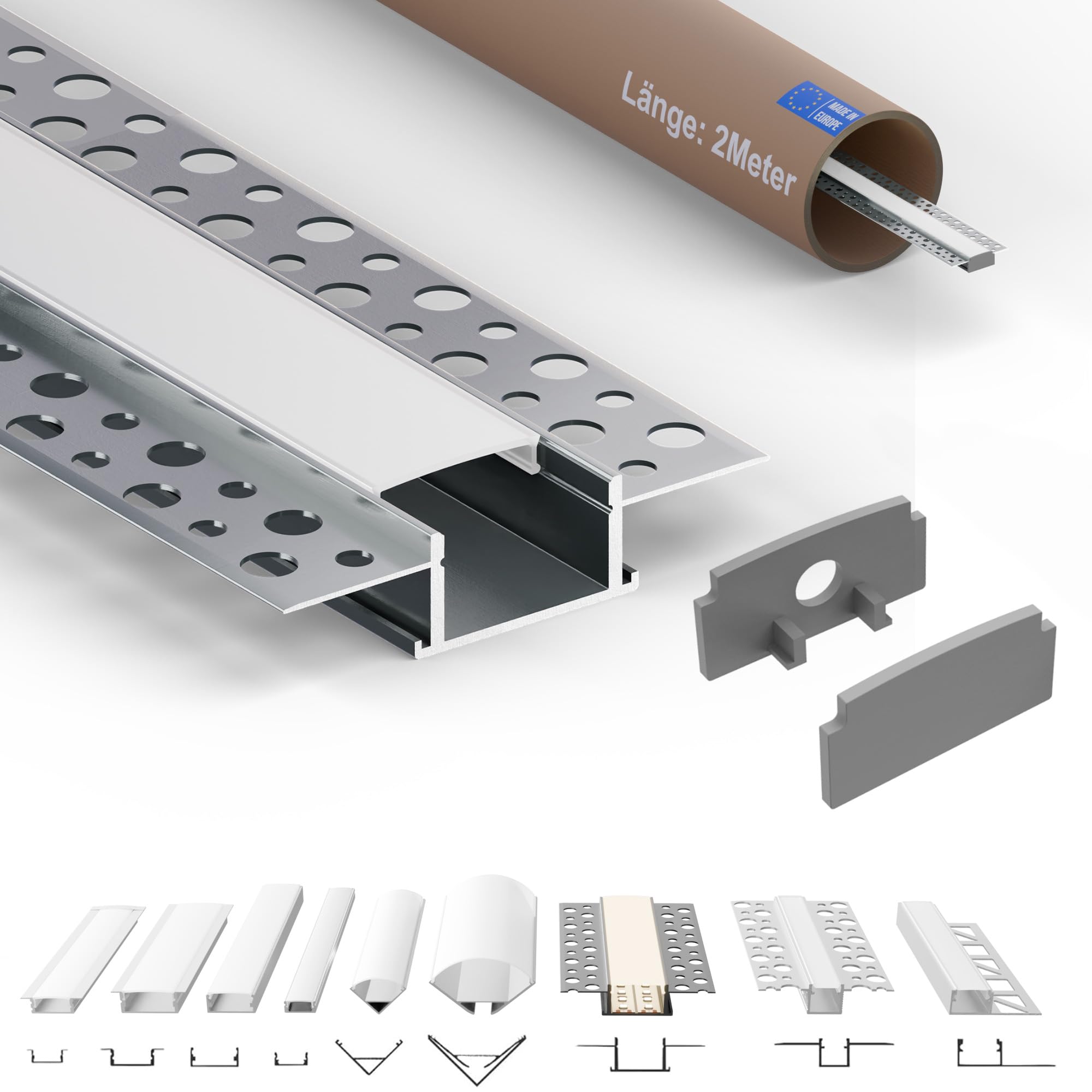Aftertech Aluminiumprofil Für LED-Streifen – 2 M Lang, 19x8 Mm, Mit Matter Abdeckung, Inkl. Montageclips