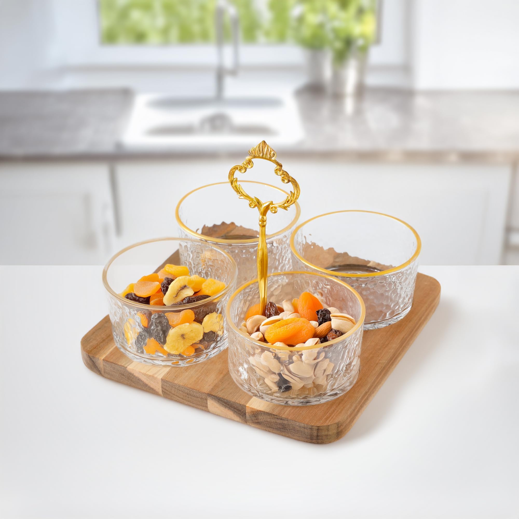 Kuber Industries Set of 4 (150ml) Round Glass Jars for Kitchen With Acacia Wooden Tray & Golden Handle | Air Tight Masala Container & Daba Set for Dry Fruit | Transparent-ST101862