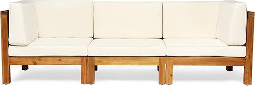 Great Deal Furniture Dawson Juego de sofá modular para exteriores, 3 plazas, madera de acacia, cojines para exteriores, teca y beige