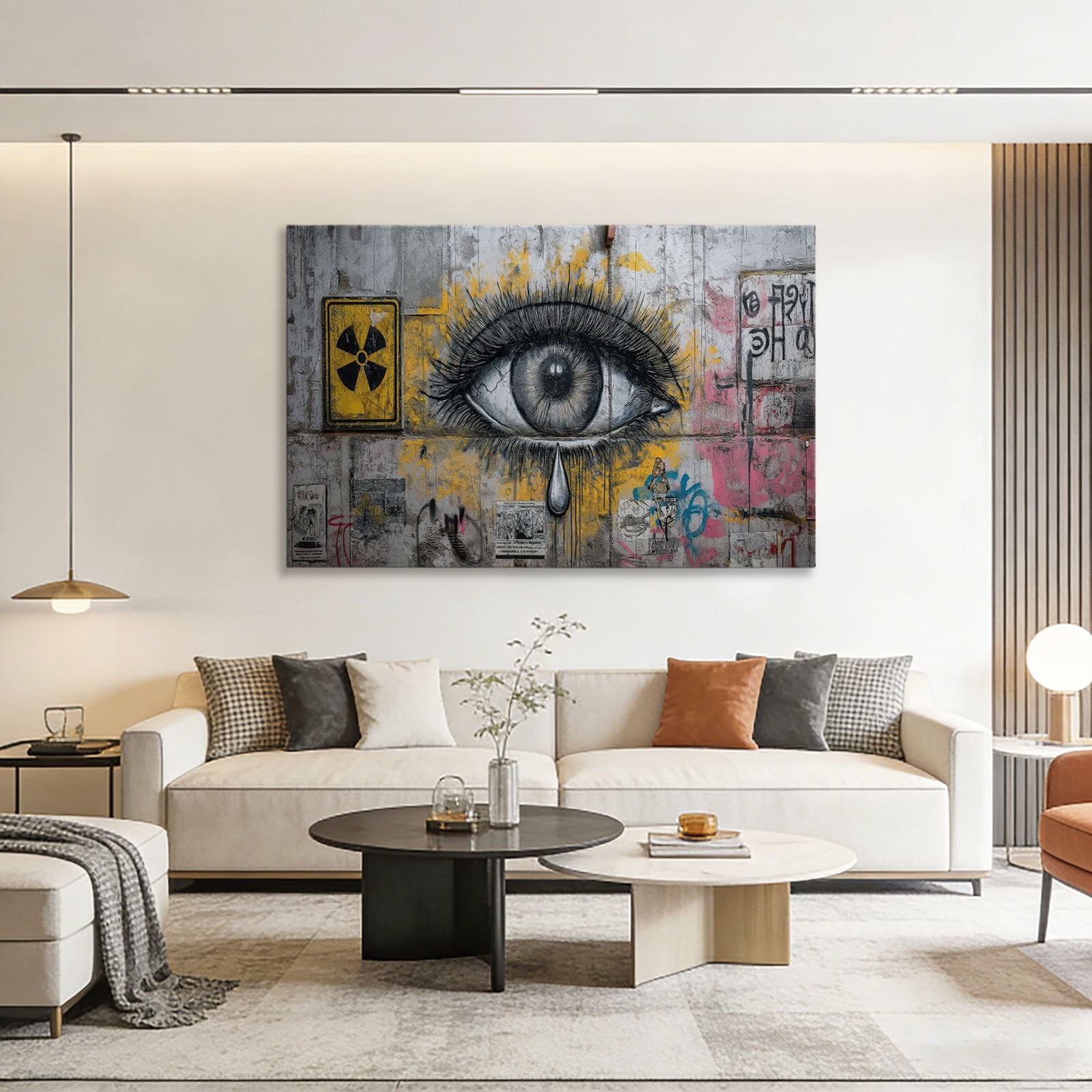Graffiti Eye Canvas Wall Art, stampe su tela retrò City Street per soggiorno, camera da letto, ufficio, grigio impermeabile immagini da parete per bagno, 99 x 50 cm, senza cornice