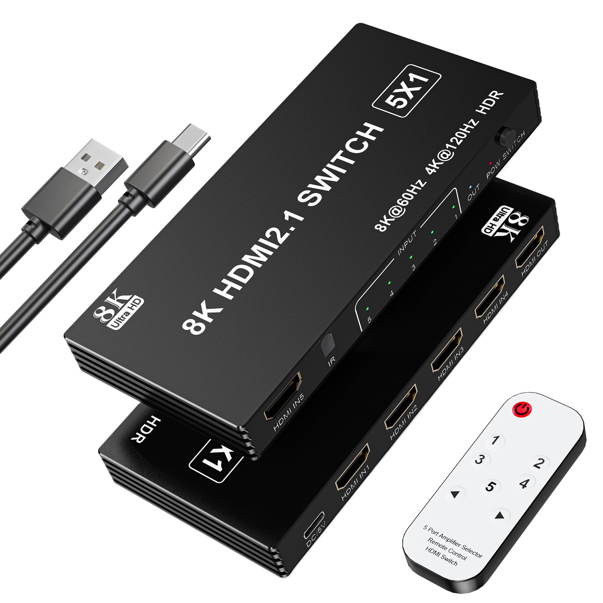 HDMI 2.1 Switch 4K 120Hz, 8K HDMI Umschalter 5 In 1 Out mit IR-Fernbedienung, Selector Switcher 5 Port Auto Selector Hub Unterstützung 8K 60Hz 48Gbps VRR HDCP2.3 HDR10 für Xbox Series X PS5