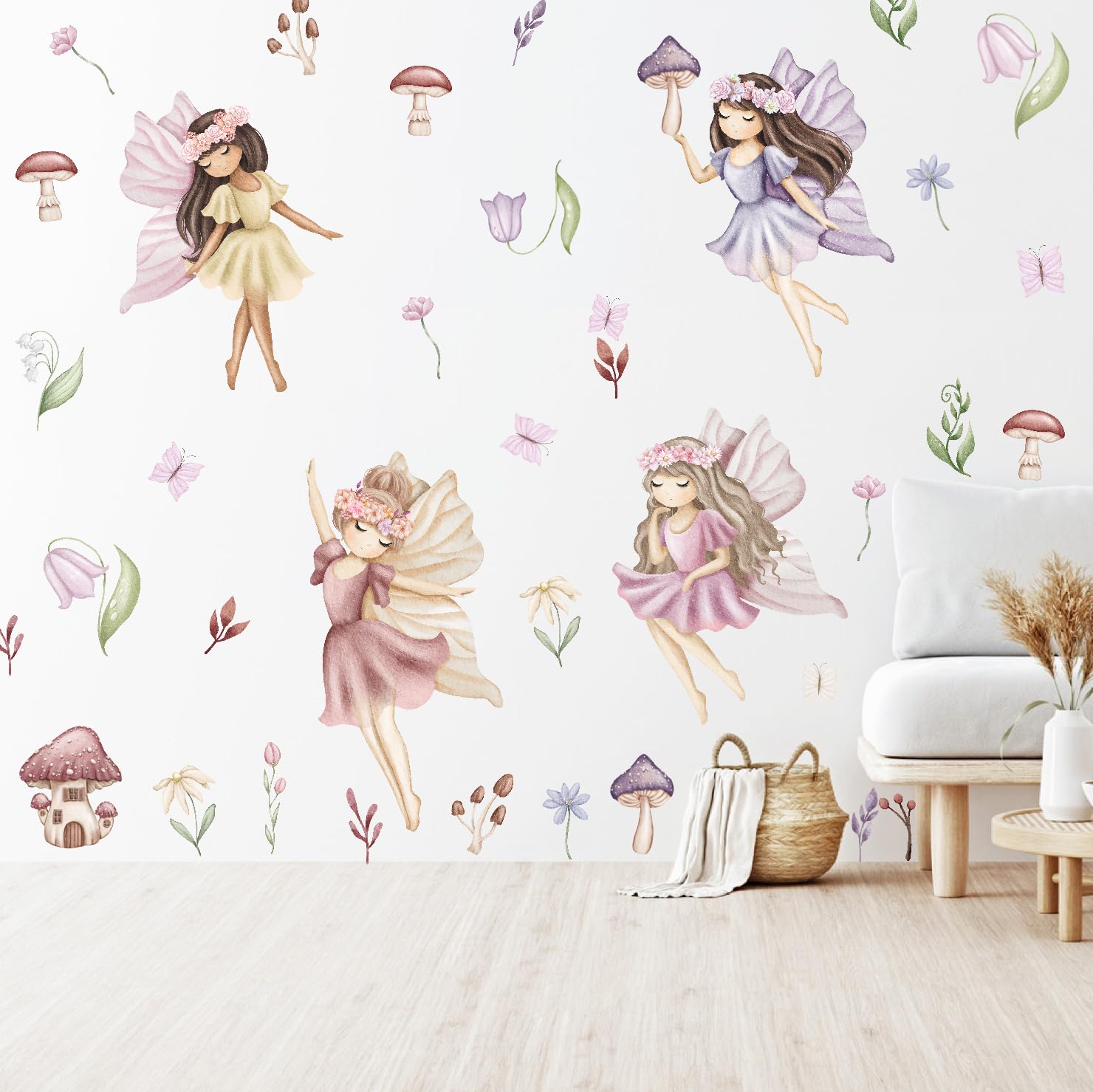 YIMEHDAN Watercolor Fairy Wall Decal, Flower Fairy Garden Vinyl Wall Stickers, Removable Butterfly Girls Spring Floral Artwork for Kids Bedroom