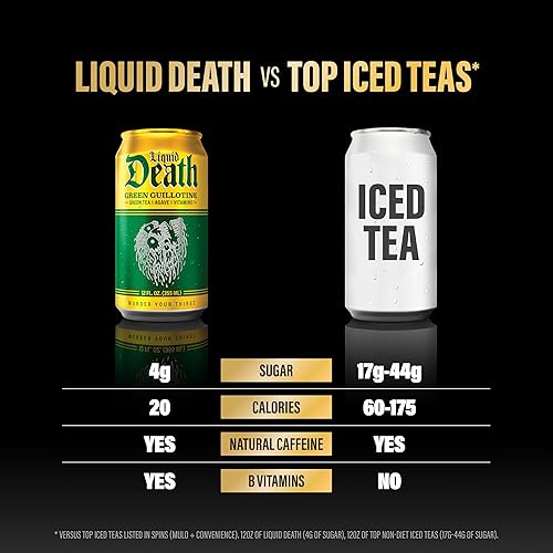 Miniatura 7 de Liquid Death, Green Guillotine - Té verde helado, bajo en calorías, sin edulcorantes artificiales, con vitaminas B12 y B6, paquete de 12 unidades