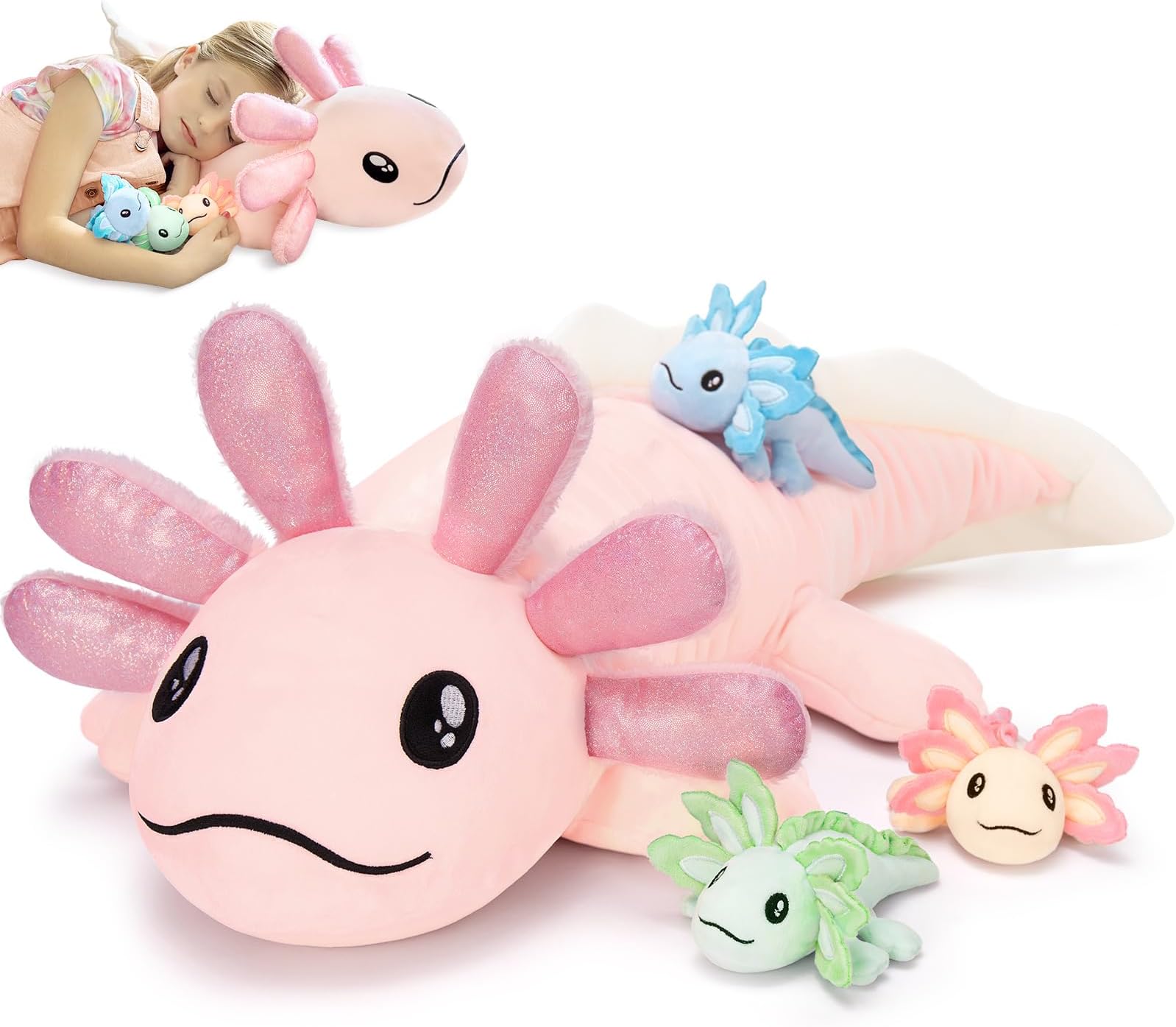 MaoGoLanAxolotl Plush Stuffed Animal with Babies for Girls,32 inches Large Pink Axolotl Plush Pillow Toy Set for Baby Shower,Birthday Gifts