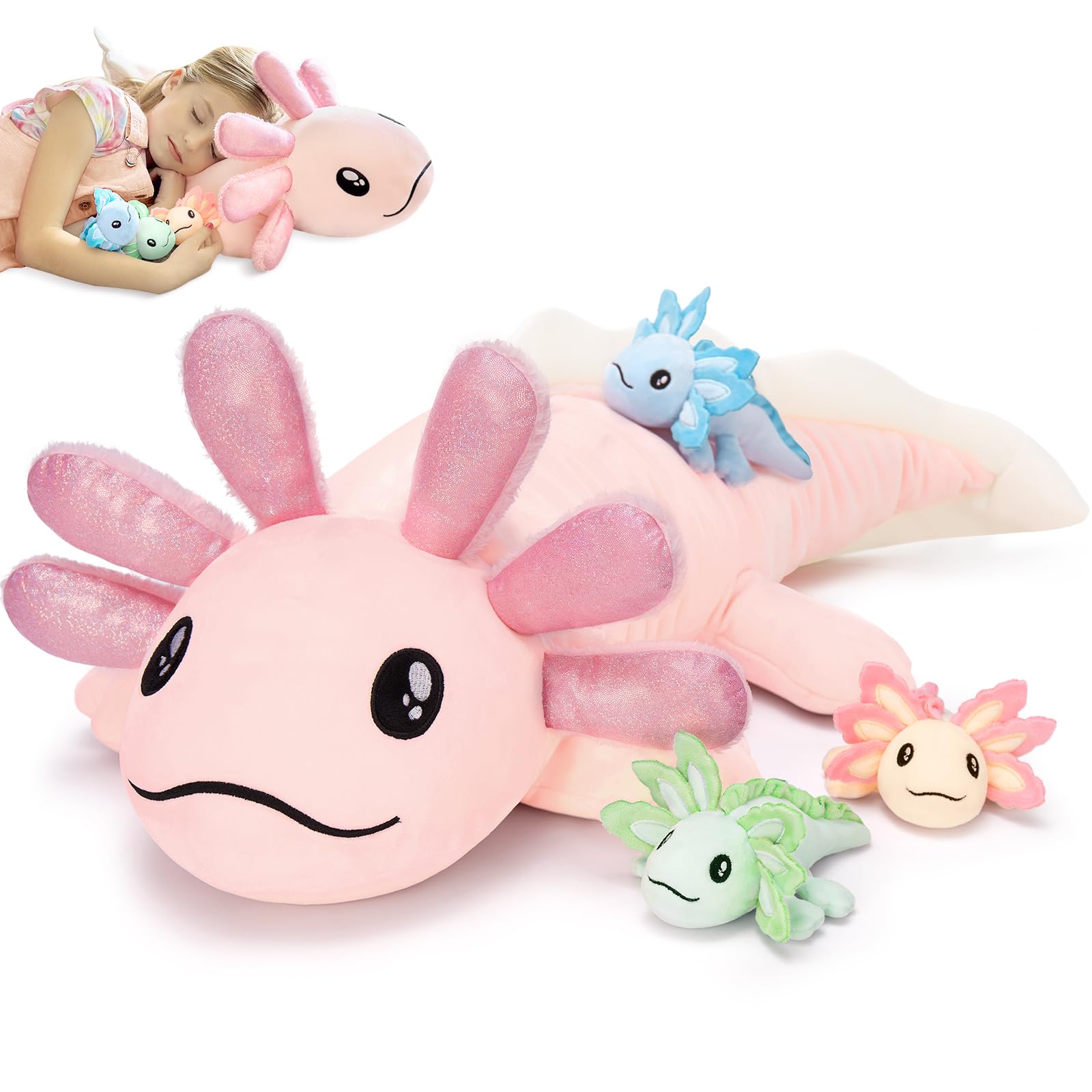 MaoGoLanAxolotl Plush Stuffed Animal with Babies for Girls,32 inches Large Pink Axolotl Plush Pillow Toy Set for Baby Shower,Birthday Gifts